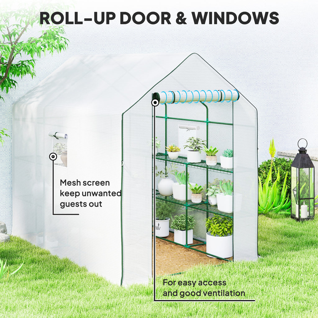 Walk-in Greenhouse with 3 Tier, Garden Plant Growhouse with Roll-up Door and Mesh Windows, 140 x 213 x 190 cm, White