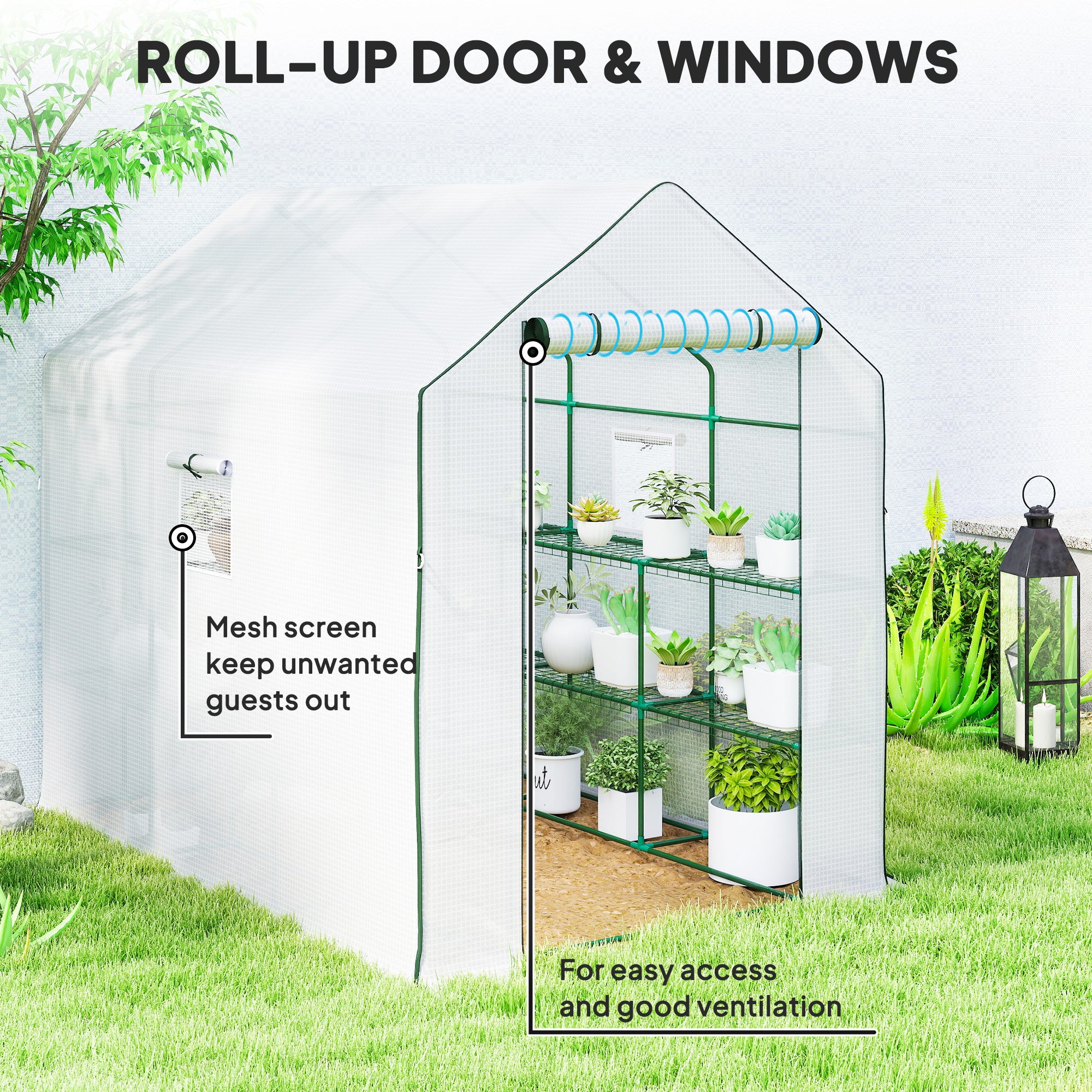 Walk-in Greenhouse with 3 Tier, Garden Plant Growhouse with Roll-up Door and Mesh Windows, 140 x 213 x 190 cm, White
