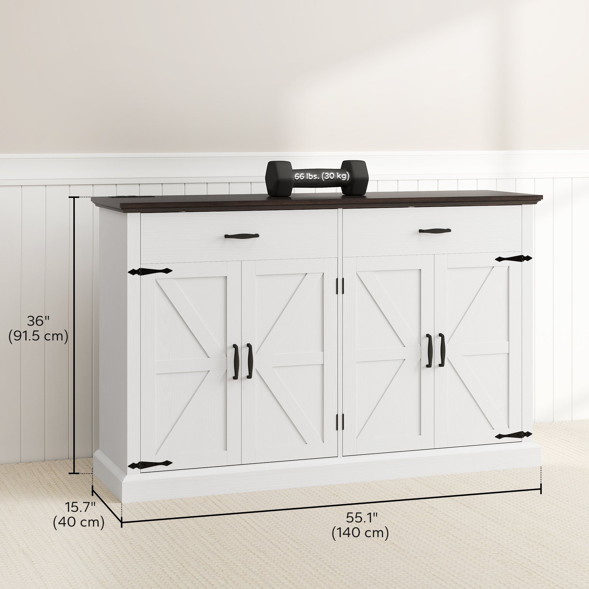 55" Buffet Cabinet, Farmhouse Sideboard with 1.2" Thick Top, 4 Barn Doors, 2 Drawers and 2 Adjustable Shelves, White