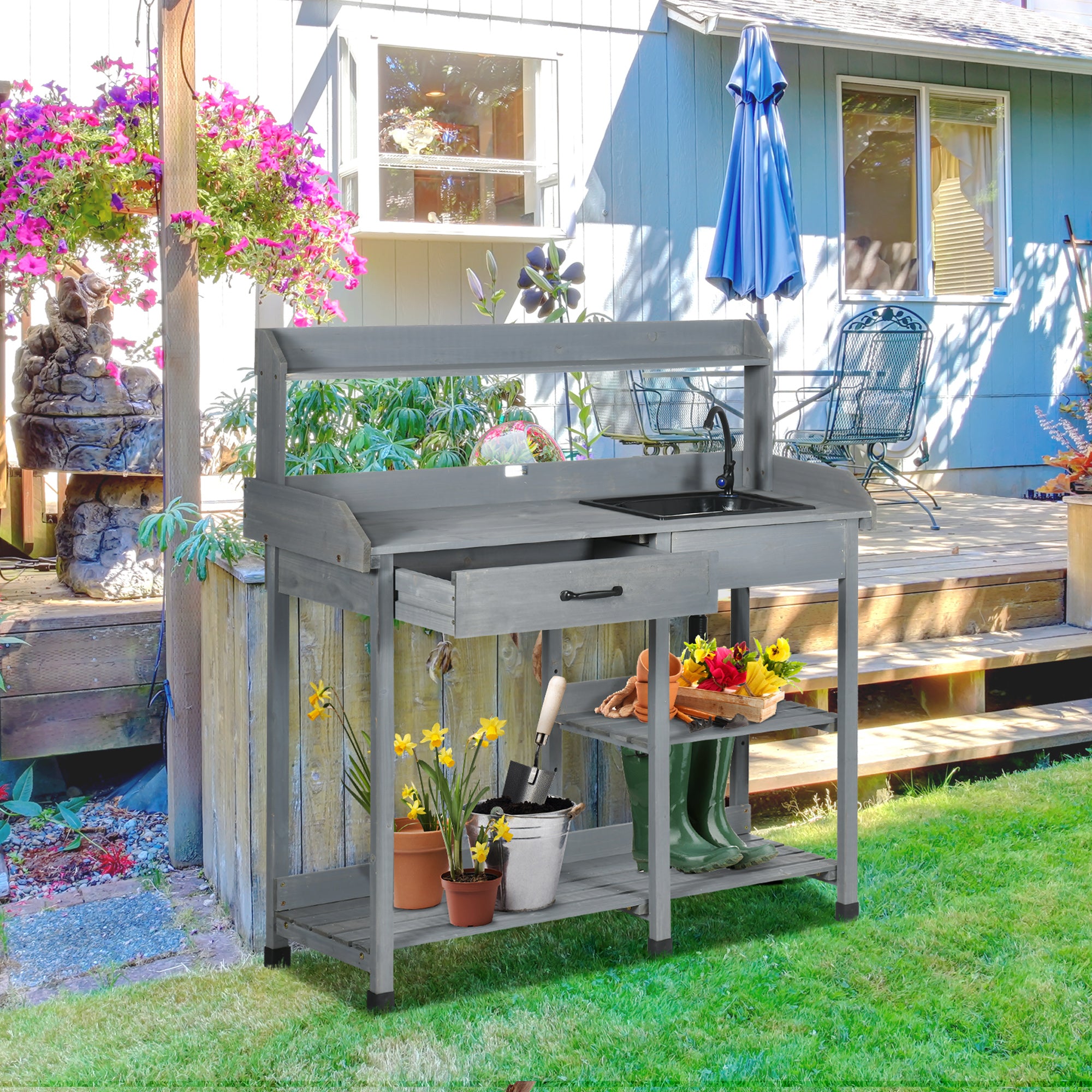 Potting Bench Table Garden Work Bench Workstation with Drawer, Removable Sink and Hooks, 45.3" x 17.7" x 48.4", Grey