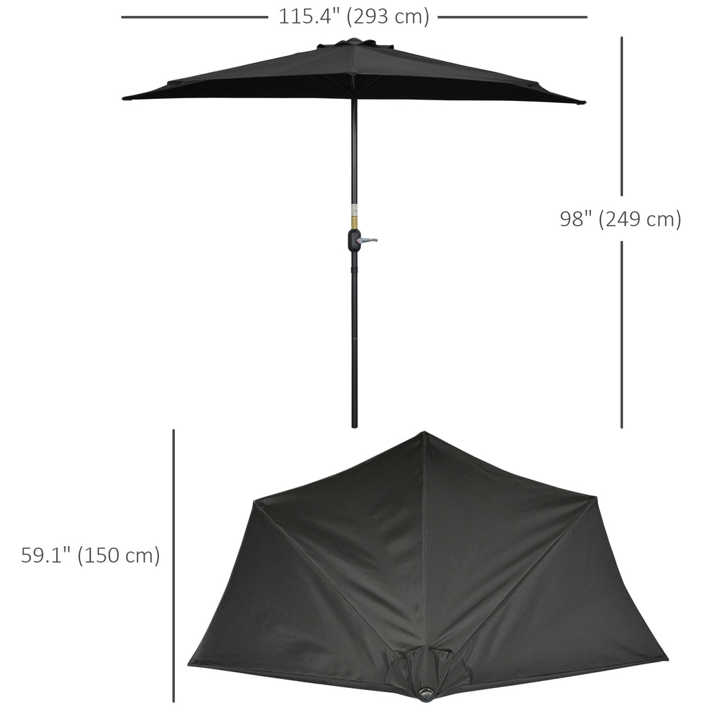 9.8ft Half Umbrella Semi Round Patio Parasol with Crank Handle, Top Vent for Garden, Balcony- NO BASE INCLUDED, Black