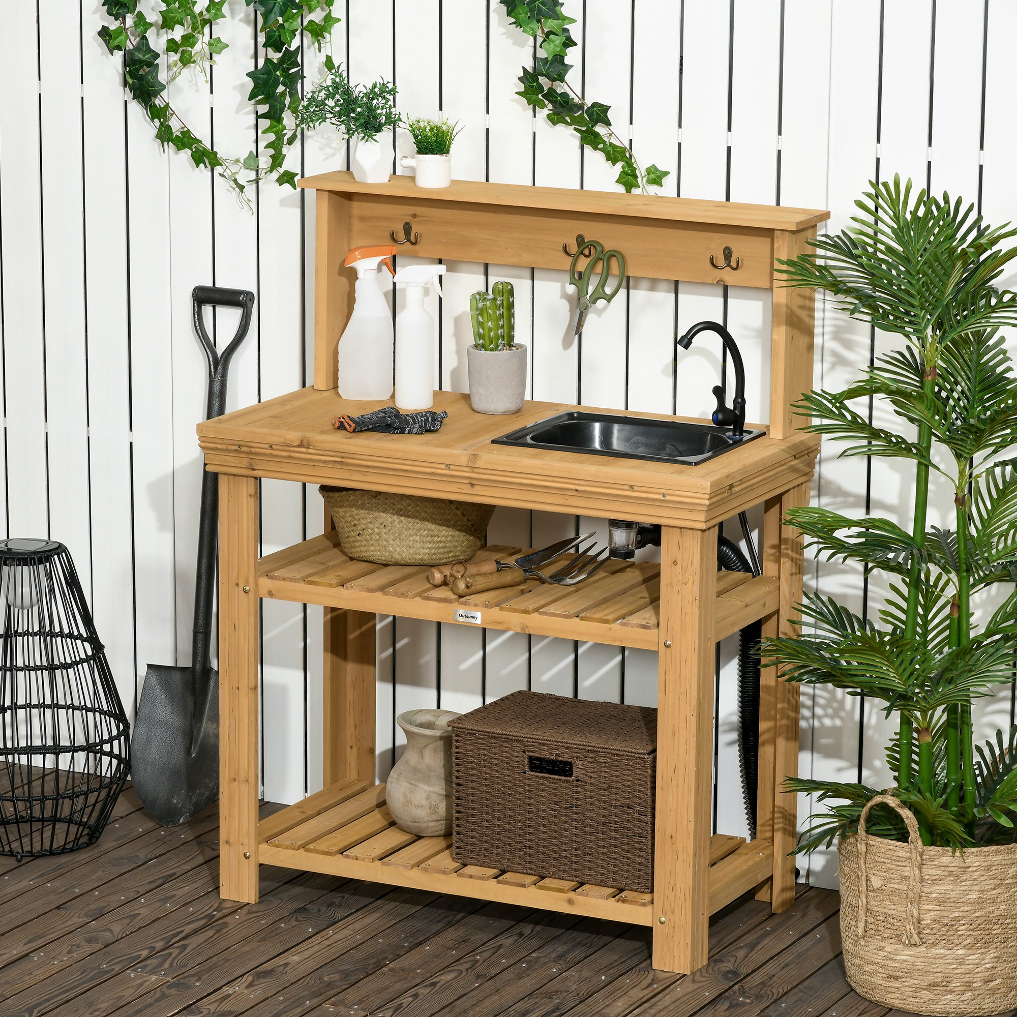 Outdoor Potting Bench Table with Faucet, Removable Sink, Hooks and Storage Shelves, Wood Work Bench Workstation for Greenhouse, Garden, Patio, Yellow