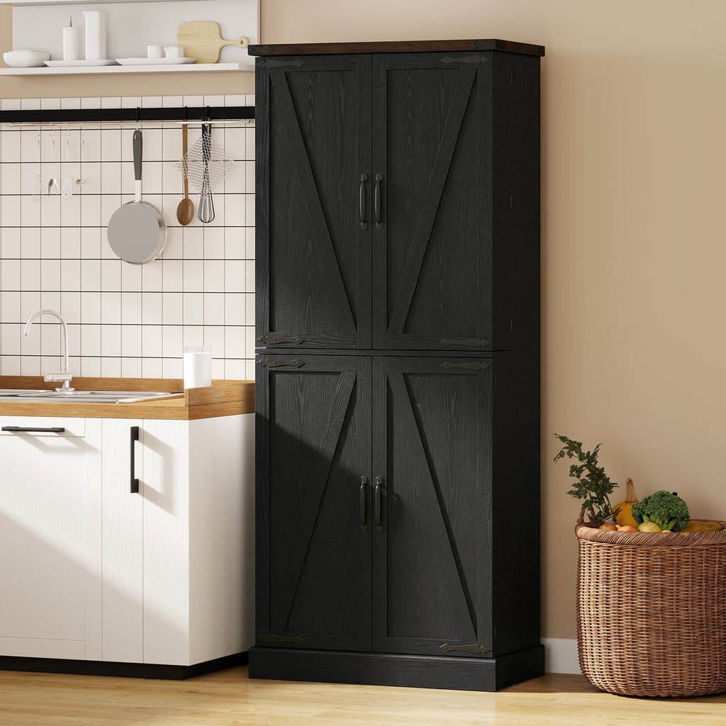 72" Tall Kitchen Pantry Cabinet, Farmhouse Storage Cabinet with 8 Door Racks and Adjustable Shelves, Black