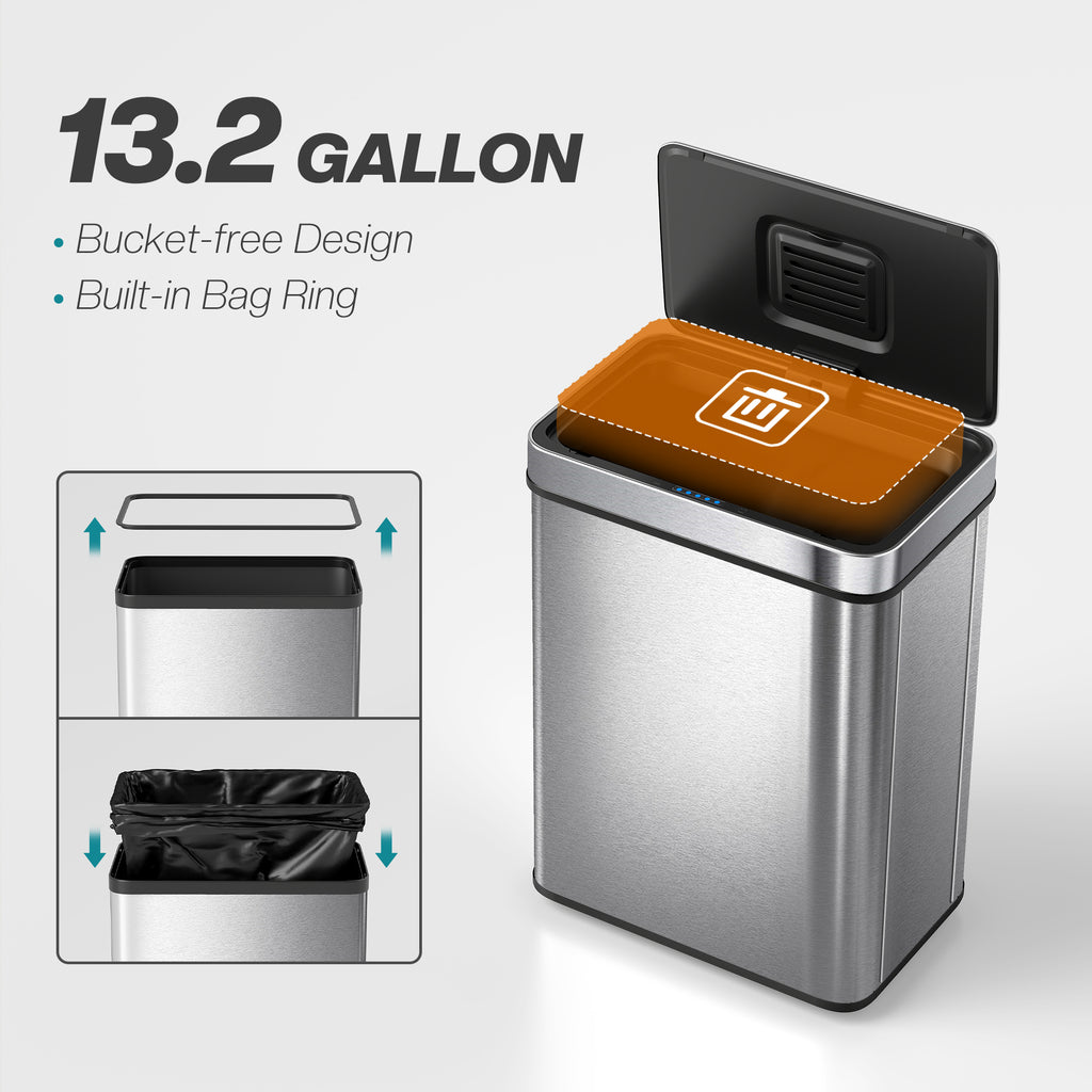 13.2 Gallon Sensor Can, Automatic Garbage Can with Soft-Close Lid, Fingerprint-Proof Stainless Steel, Silver