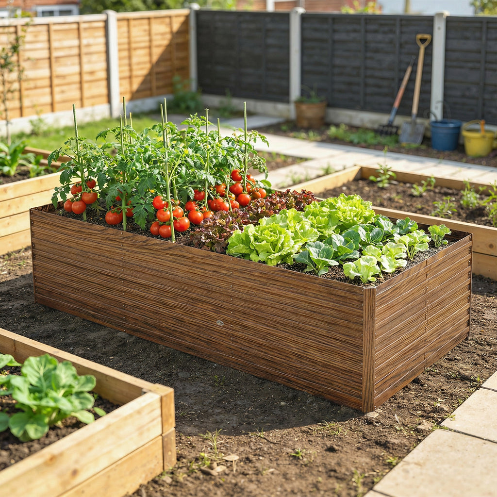 8' x 4' x 2' Raised Garden Bed, Galvanized Planter Box for Growing Flowers, Herbs and Vegetables Dark Brown Wood Effect
