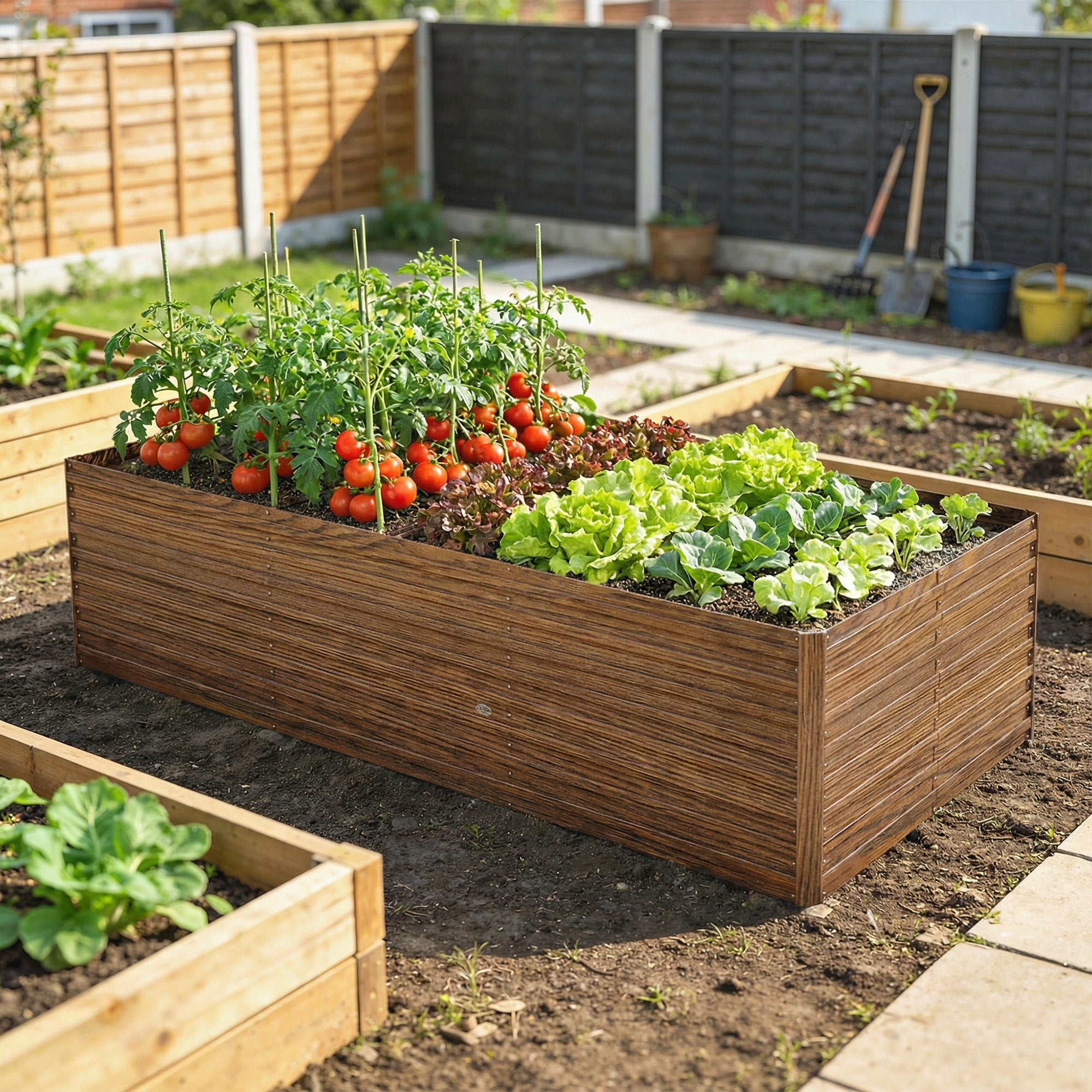 8' x 4' x 2' Raised Garden Bed, Galvanized Planter Box for Growing Flowers, Herbs and Vegetables Dark Brown Wood Effect