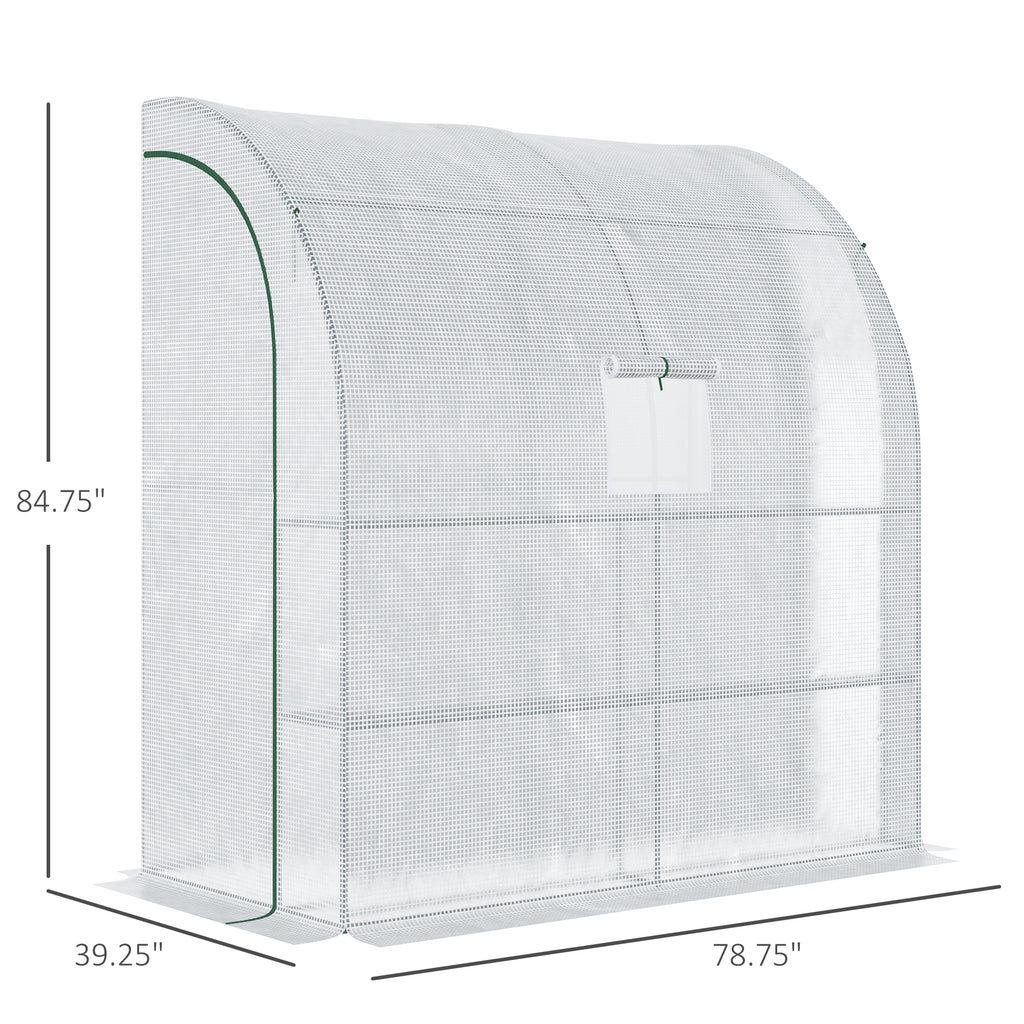 7' x 3' x 7' Outdoor Lean-to Walk-In Greenhouse w/ Roll-up Mesh Windows, Zipper Door and 3-Tier Shelves, White