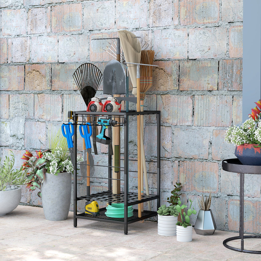 3-Tier Yard Tool Tower Rack, Garden Tool Organizer with 14 Hooks for Long-Handled Rakes, Shovel, Broom, Black