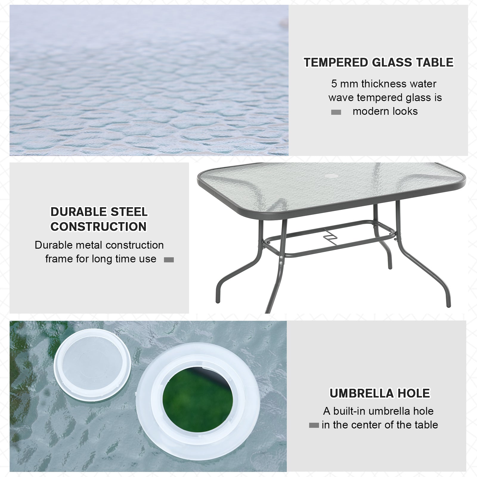 Metal Garden Dining Table with Umbrella Hole, Outdoor Patio Table with Tempered Glass Top, 47.25" x 31.5"