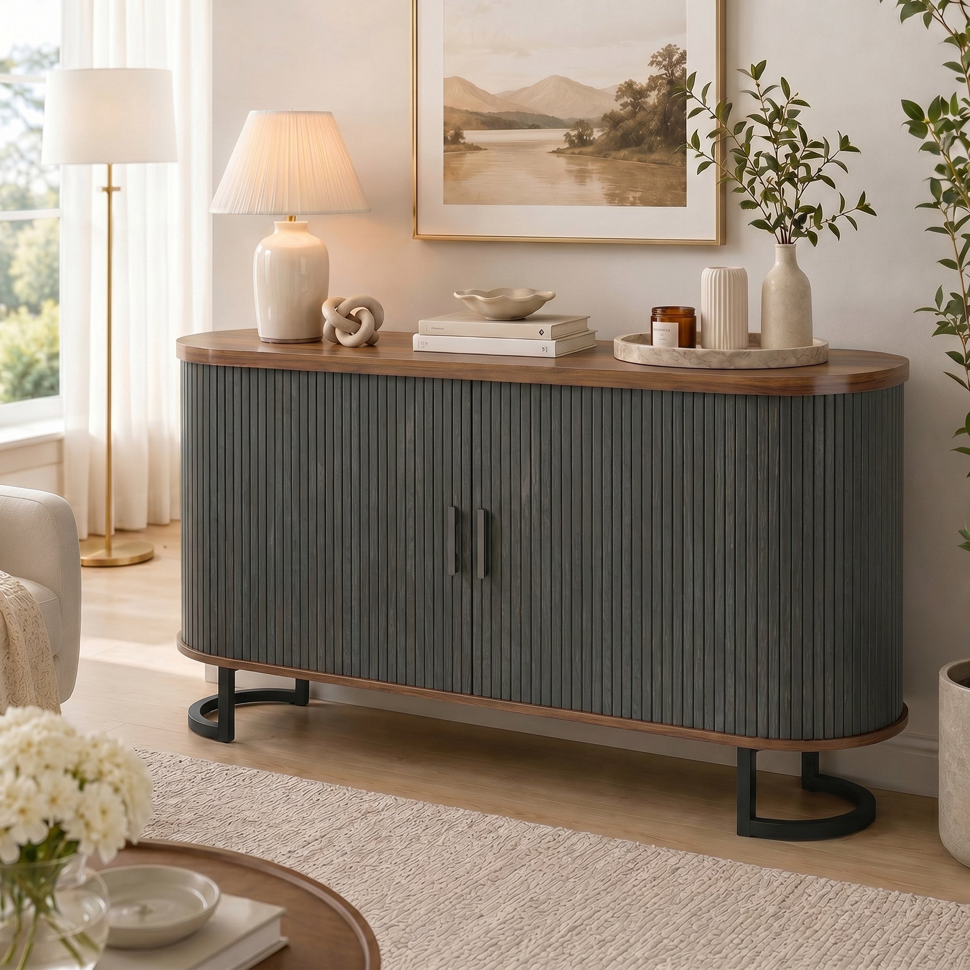 Fluted Sideboard Buffet Cabinet, 55" Modern Coffee Bar Cabinet with Sliding Doors and Adjustable Shelves, Black