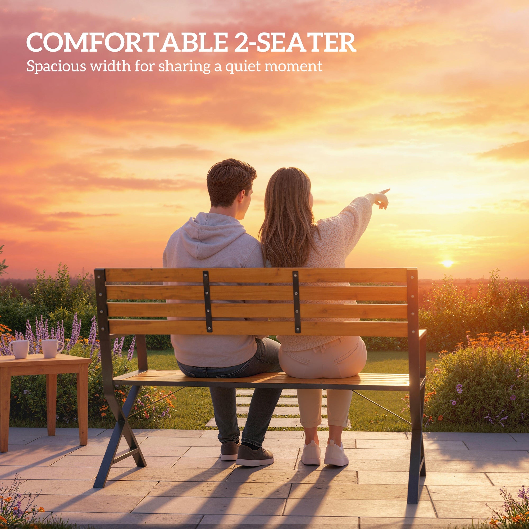 Outdoor Garden Bench, Patio Bench with Backrest and Armrests, 2-Person Garden Seating