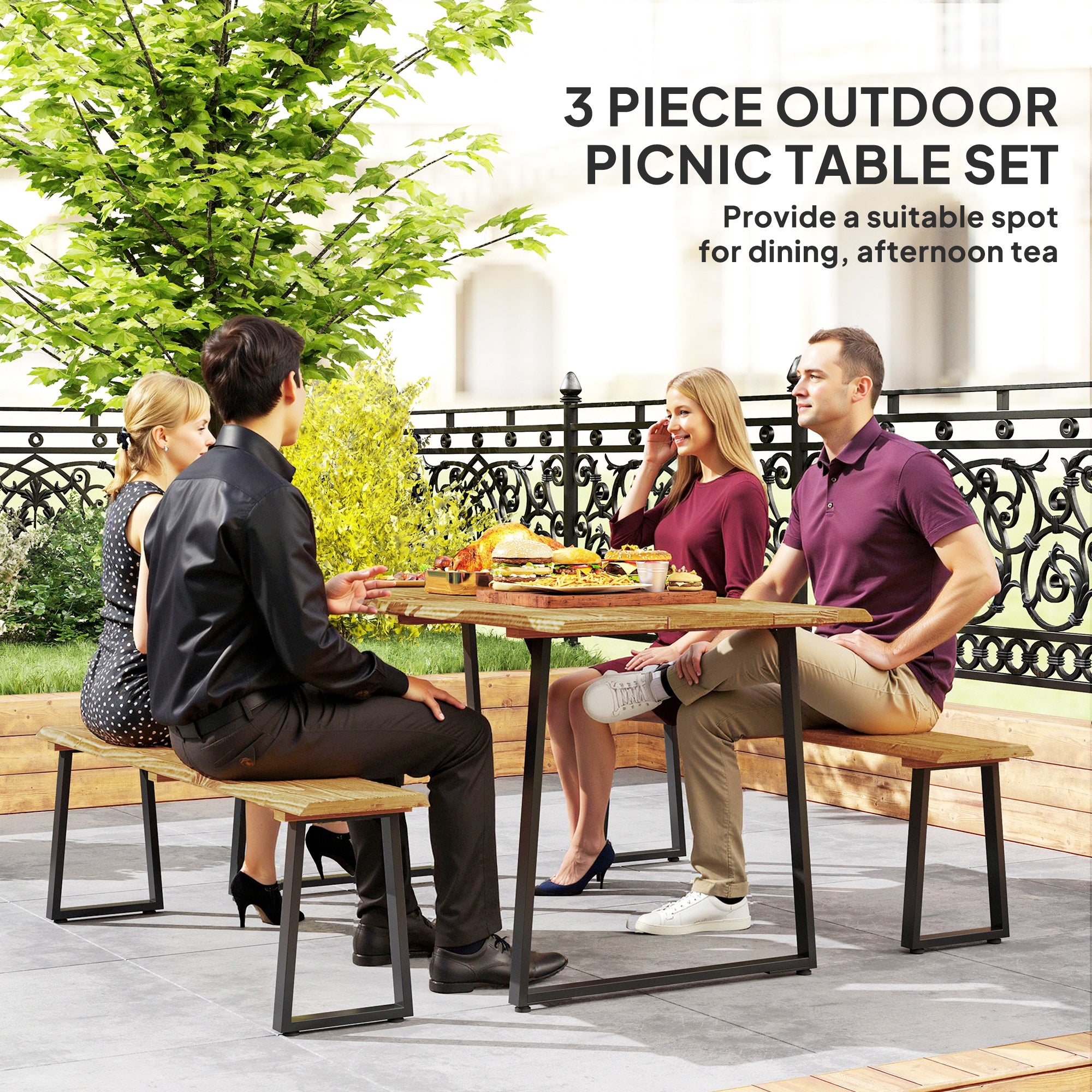 Picnic Table and Bench Set for 6 Persons with 2" Umbrella Hole, Slatted Top & Steel Frame, for Party, BBQ, Patio, Lawn
