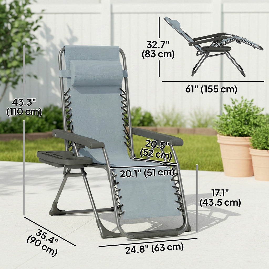 Zero Gravity Chair Set of 2, Folding Reclining Outdoor Lounge Chair with Cup Holder, Headrest, Light Grey
