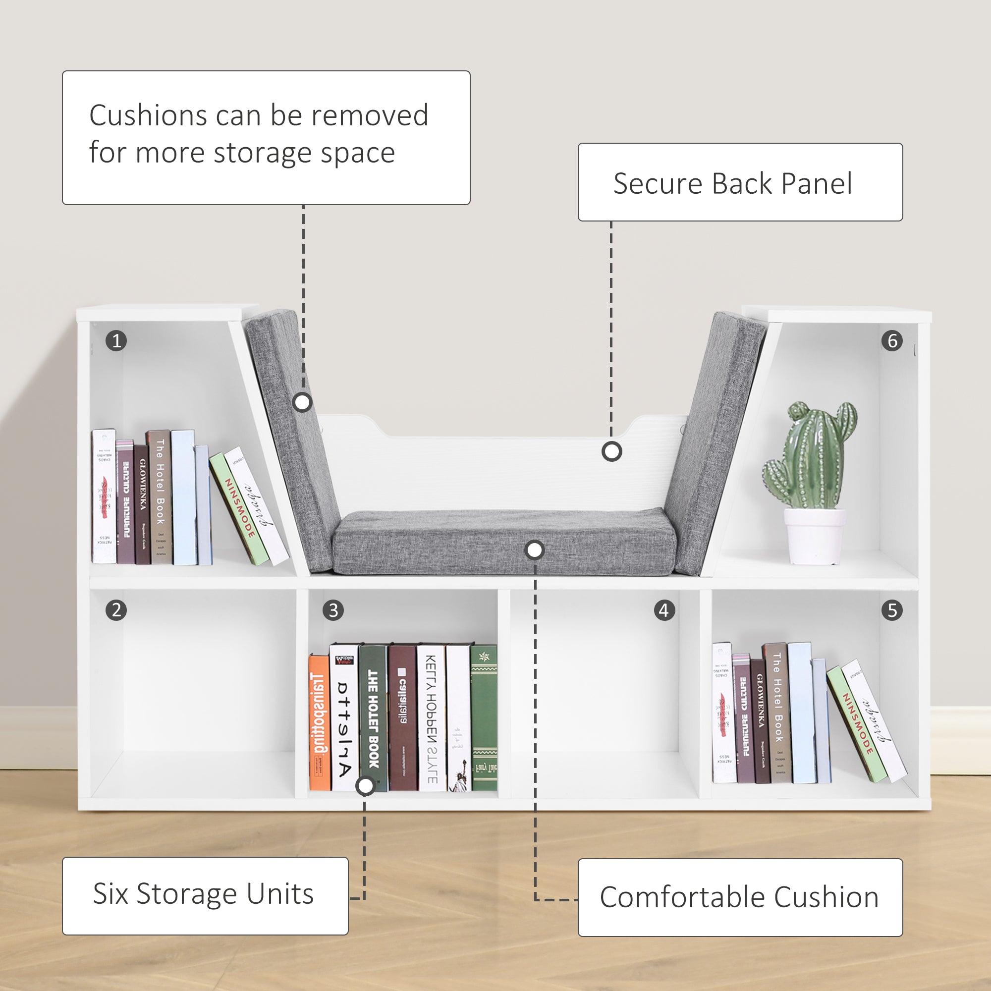 6-Cubby Bookcase with Seat Cushion, Cube Storage Shelf with Reading Nook for Home Office, Study, Grey