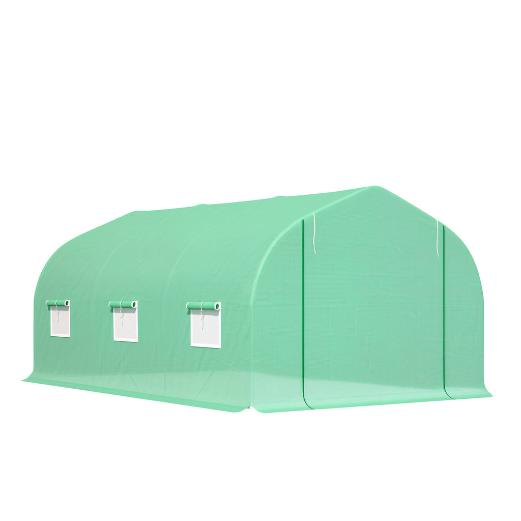 15' x 10' x 7' Walk-in Greenhouse Outdoor Plant Tunnel Warm Hot House w/ Roll Up Door and 6 Mesh Windows, Steel Frame, Green