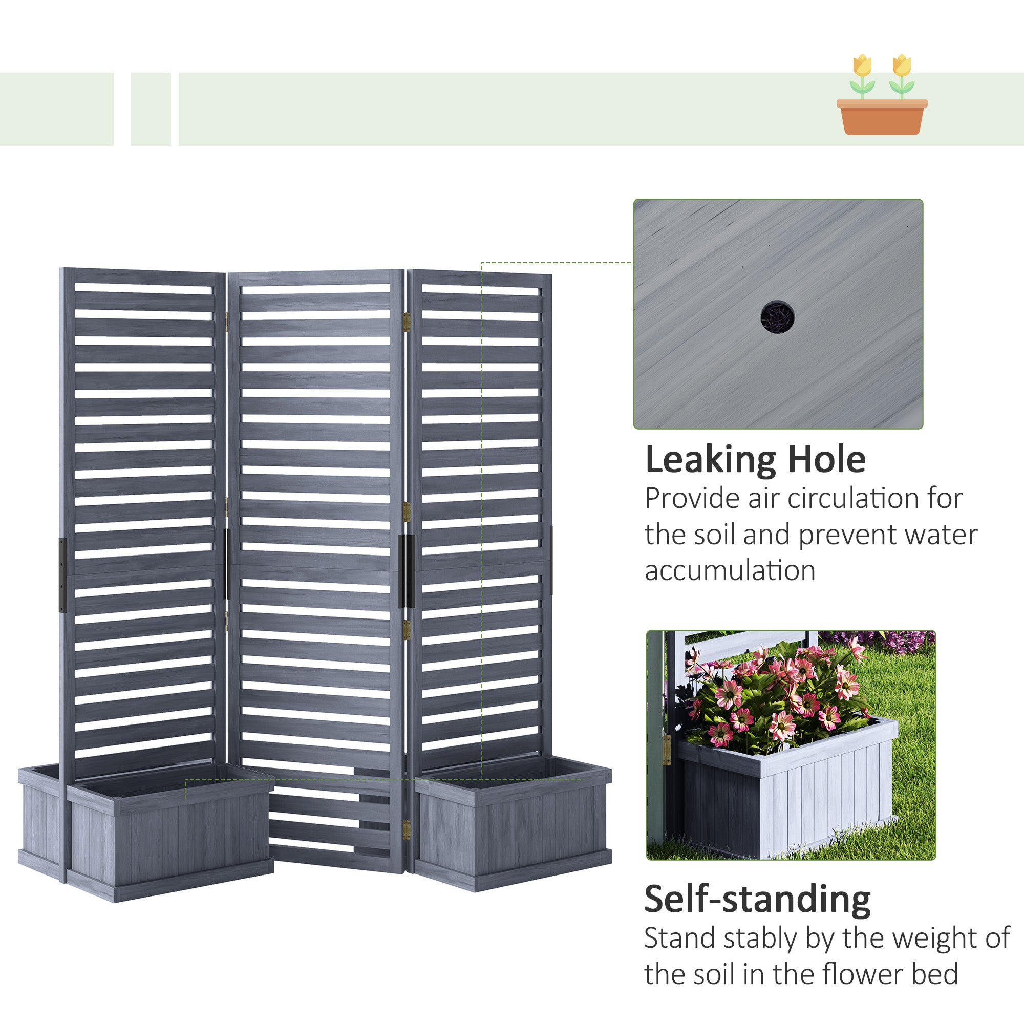 Outdoor Privacy Screen Wood Privacy Panel with 4 Planter Boxes, Raised Bed with 3 Panels, Drainage Holes, Grey