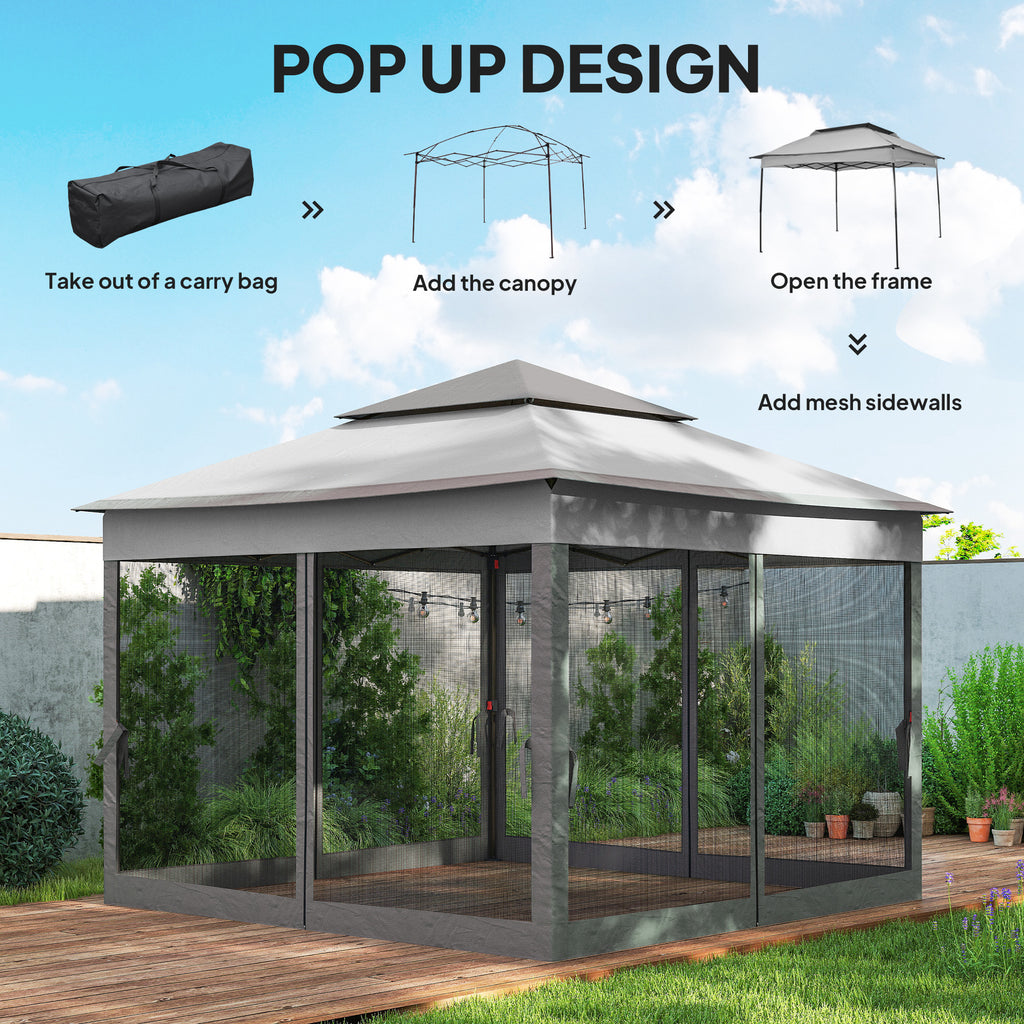 11' x 11' Pop Up Gazebo 2-Tier Soft Top Shelter Event Tent w/ Netting Carry Bag for Patio Backyard Garden, Mixed Grey