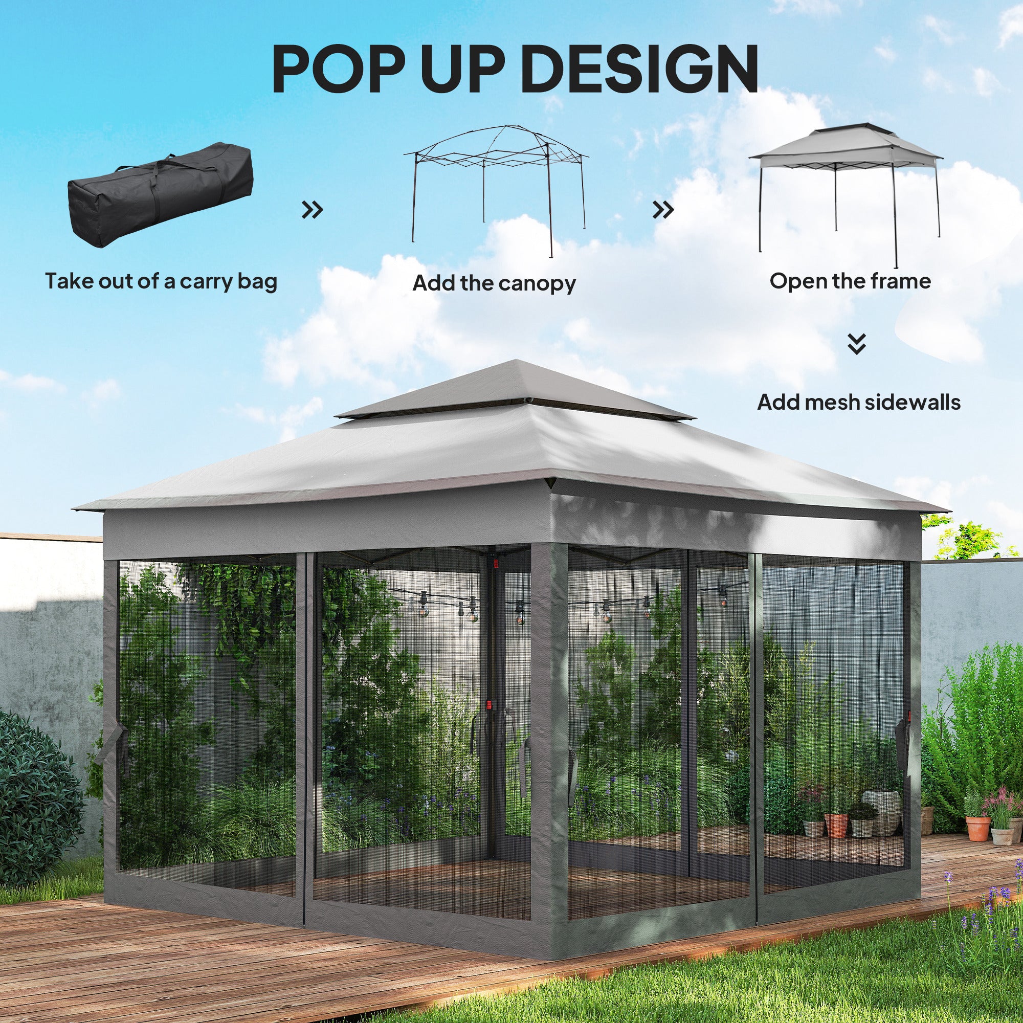 11' x 11' Pop Up Gazebo 2-Tier Soft Top Shelter Event Tent w/ Netting Carry Bag for Patio Backyard Garden, Mixed Grey