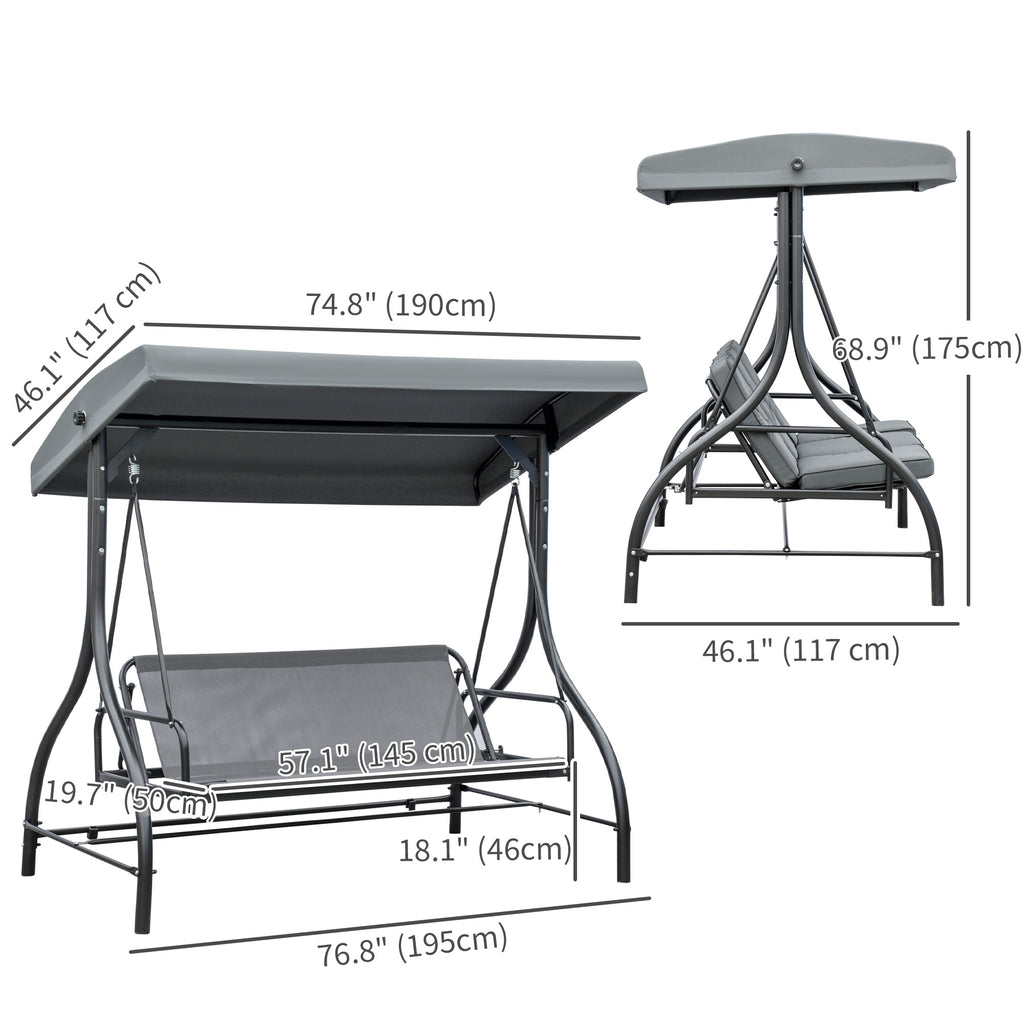 Convertible Patio Swing Bed with Canopy and Cushions, 3 Seater Porch Swing for Outdoor, Backyard, Garden, Dark Grey