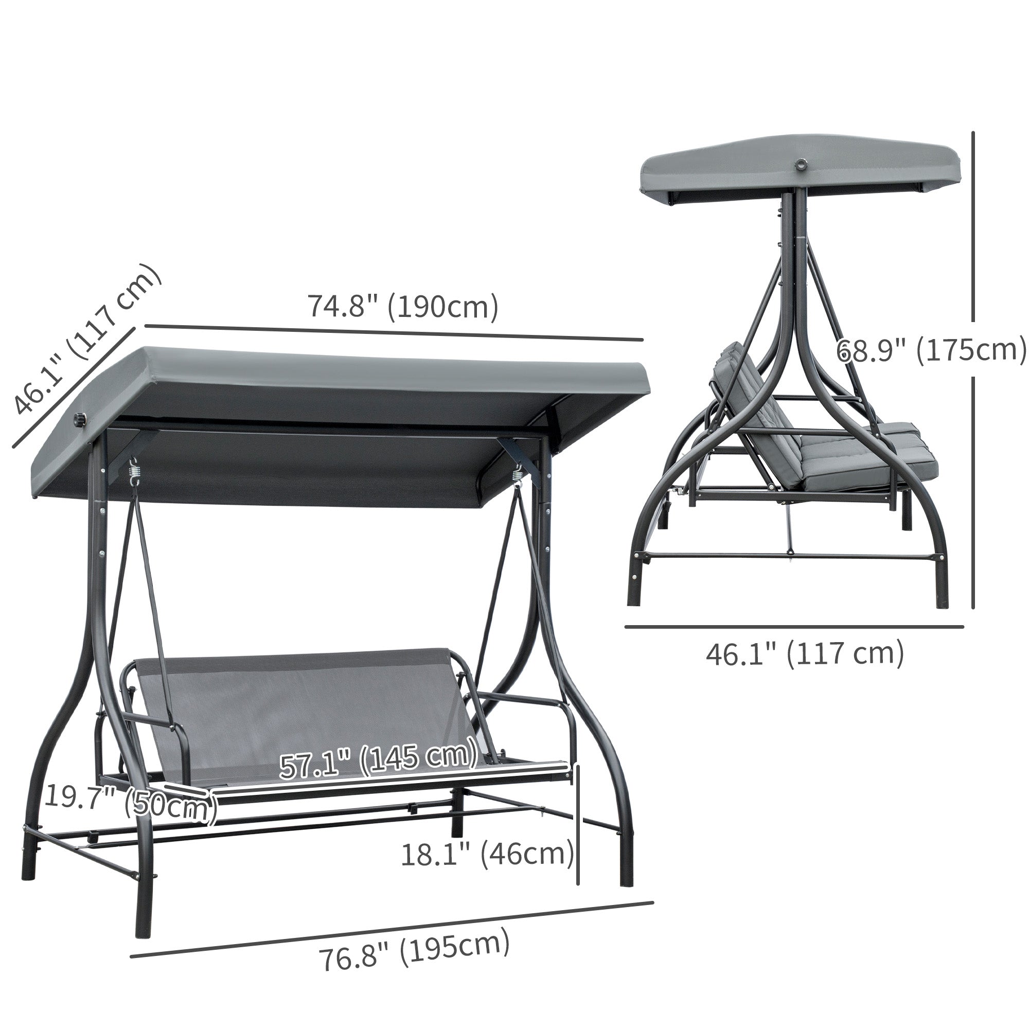 Convertible Patio Swing Bed with Canopy and Cushions, 3 Seater Porch Swing for Outdoor, Backyard, Garden, Dark Grey
