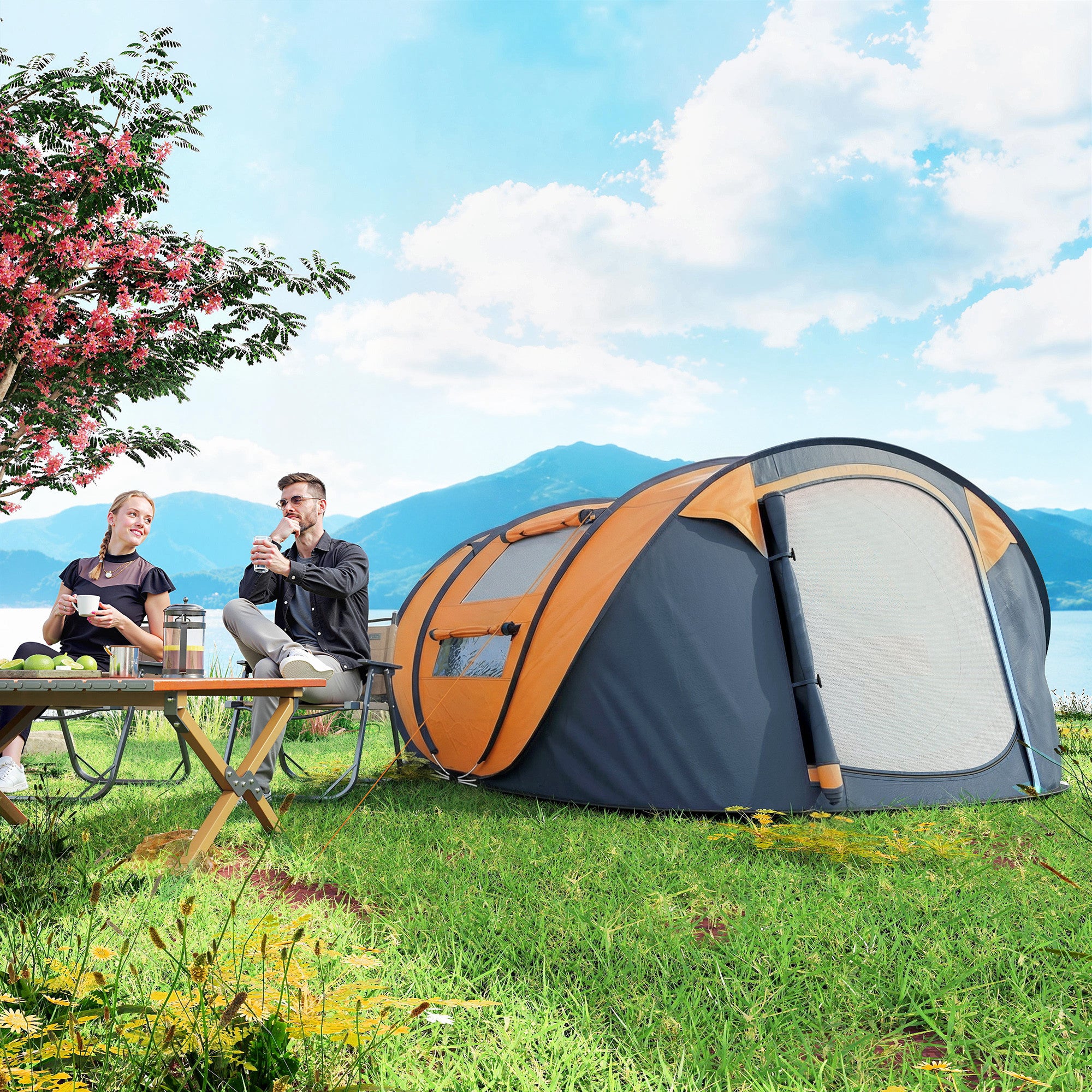 4 Person Camping Tent, Easy Pop Up Tent with Doors, Windows and Carry Bag, Automatic Setup Tent for Hiking, Orange