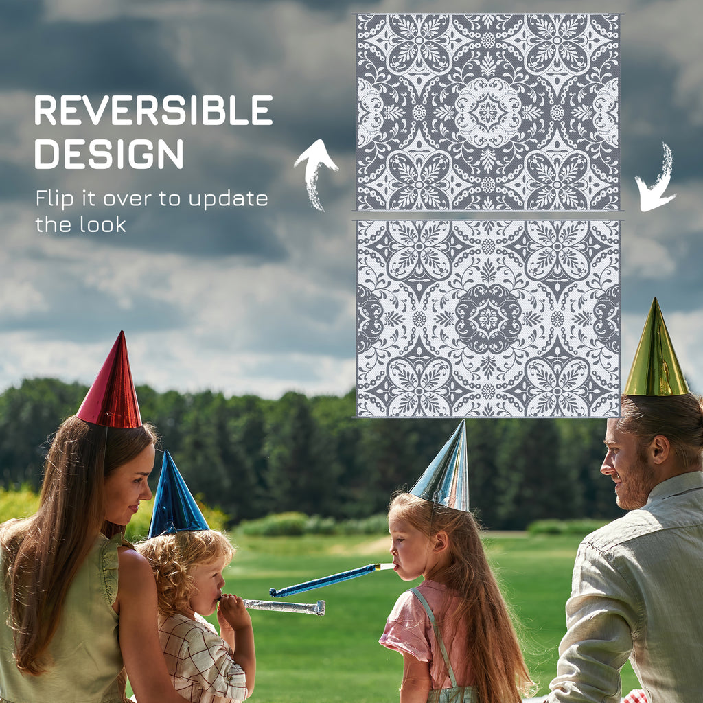 Portable Outdoor Rug with Carry Bag, 9' x 12' Reversible Mat, Waterproof Plastic Straw RV Rug for Backyard, Deck, Picnic, Beach, Camping, Gray & White Flower