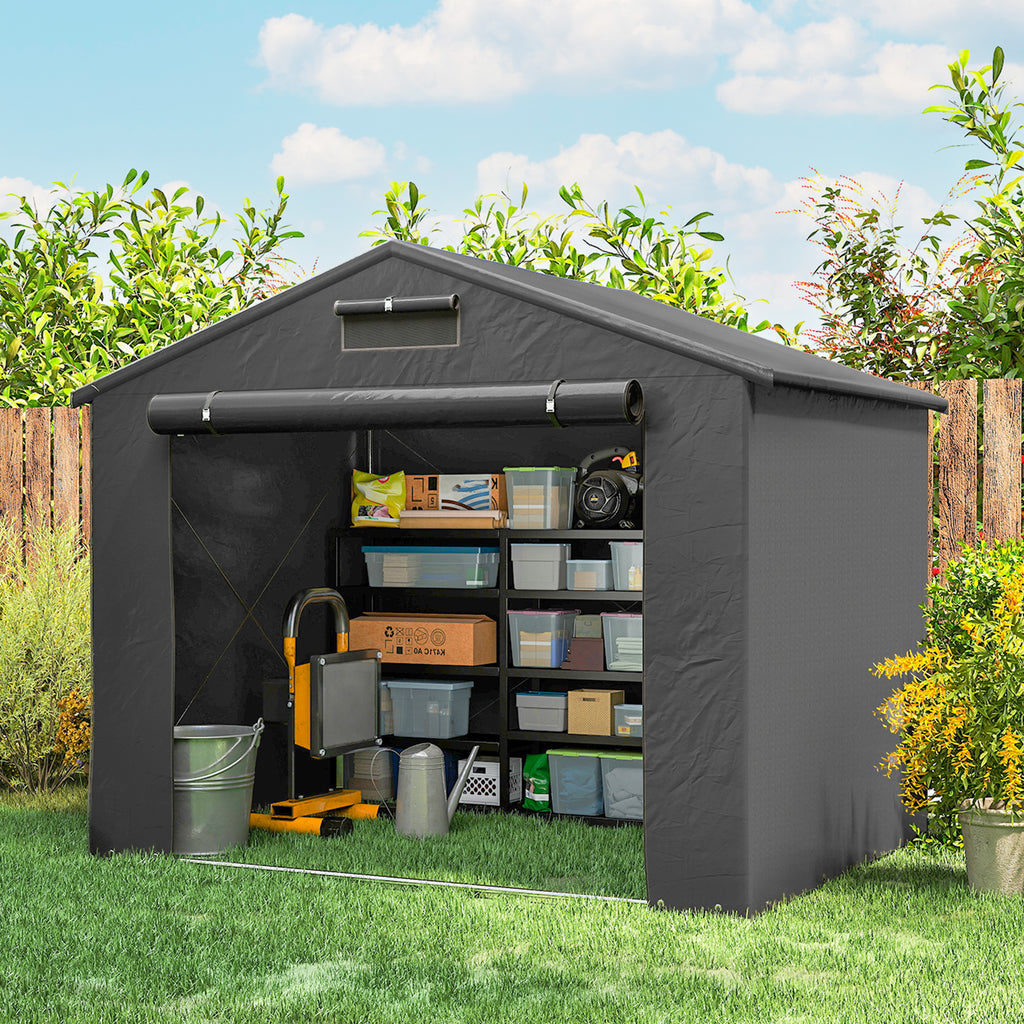 8' x 6' Portable Shed, Waterproof Bike Tent with Roll-up Zipper Door, Vent and Galvanised Metal Frame, Dark Grey