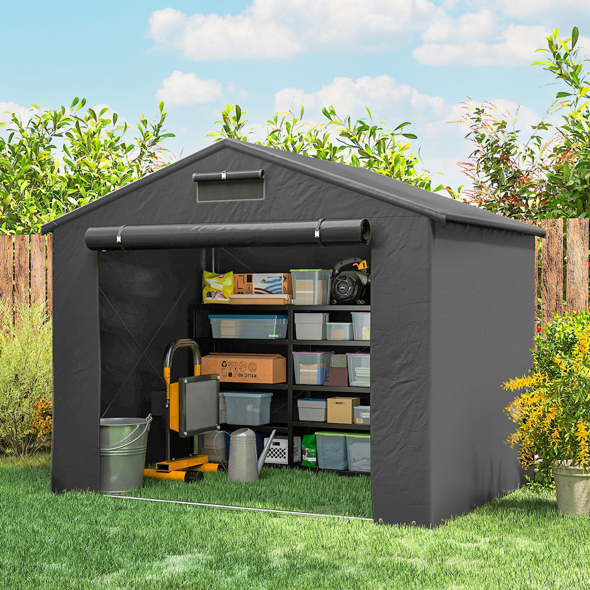 8' x 6' Portable Shed, Waterproof Bike Tent with Roll-up Zipper Door, Vent and Galvanised Metal Frame, Dark Grey