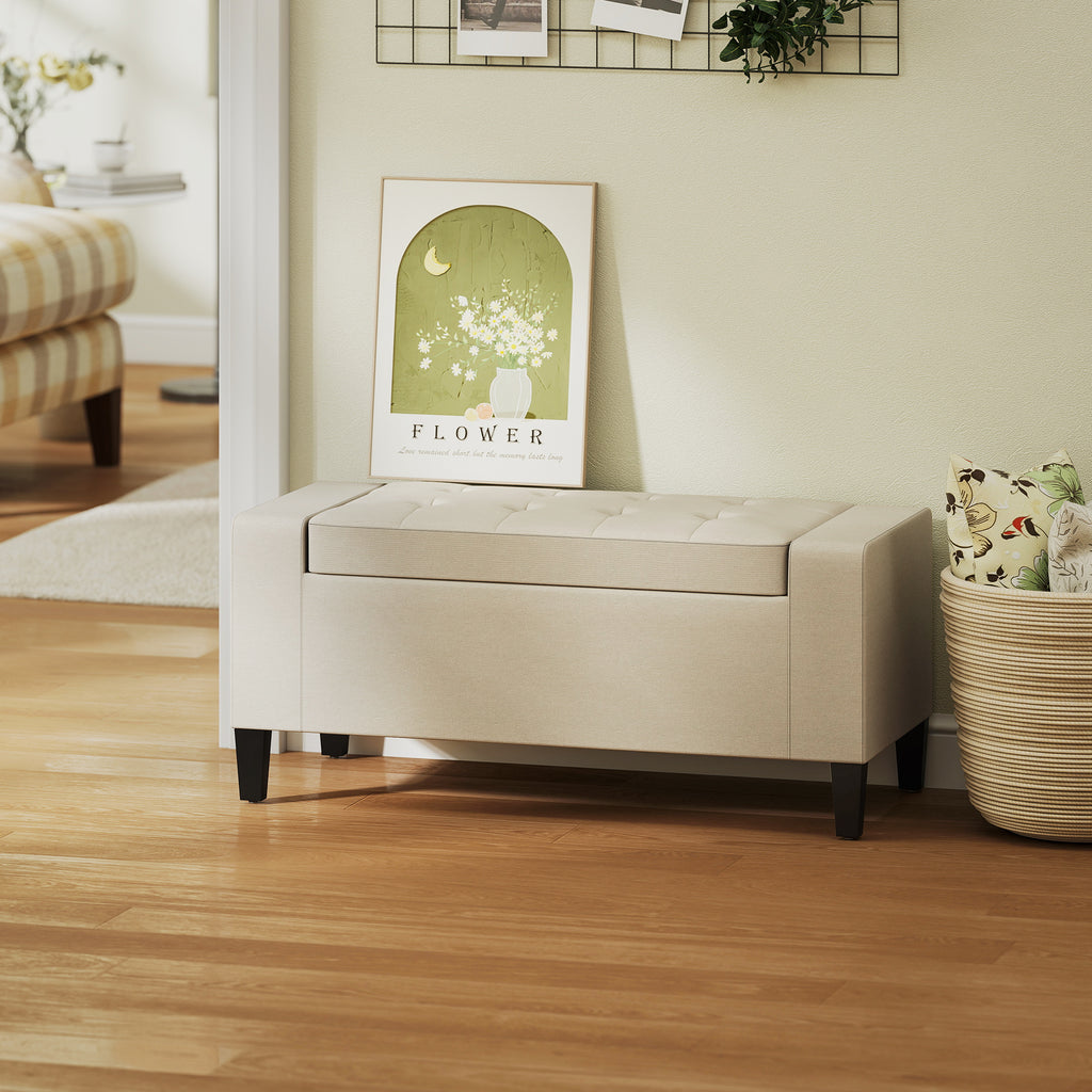 36" Storage Ottoman Bench, Linen-Look Fabric End of Bed Bench with Solid Wood Frame and Legs, Tufted Storage Chest, Footrest for Living Room, Bedroom, Entryway, Beige