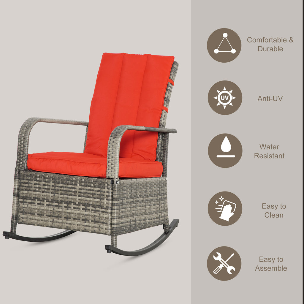 Outdoor Wicker Rocking Chair with Cushion, Patio PE Rattan Recliner Chair with Adjustable Footrest, Armrests, Red