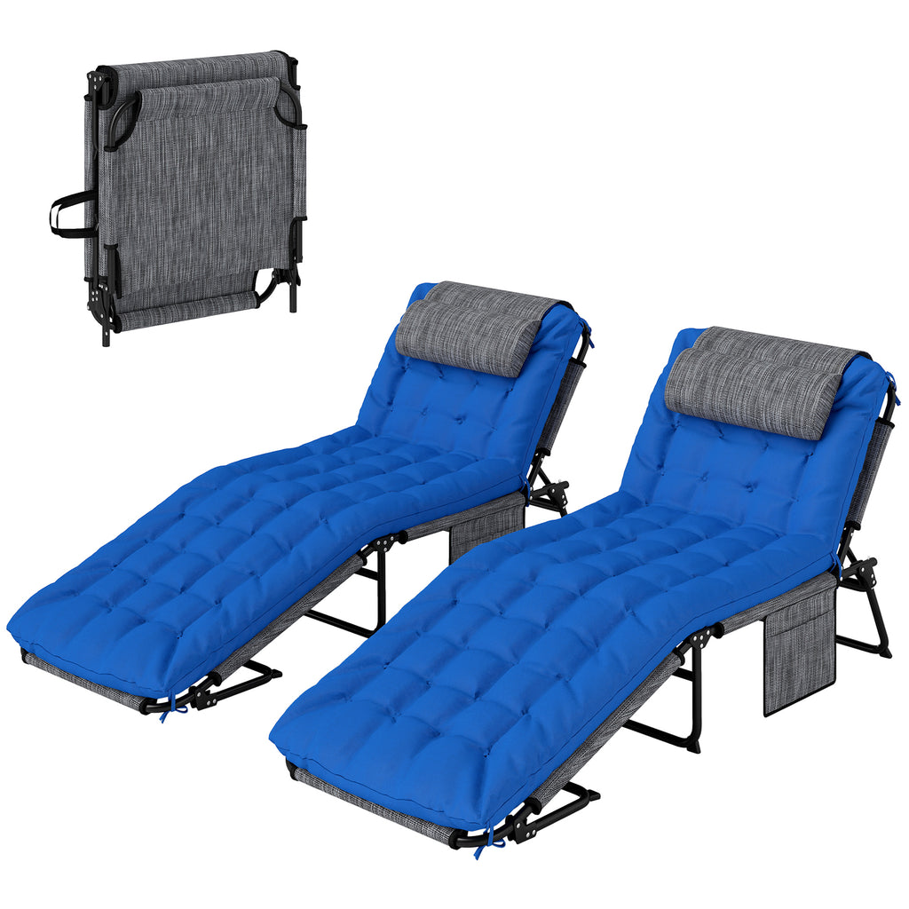 2 Pieces Folding Lounge Chairs with 4-level Reclining Back, Outdoor Tanning Chair with Cushion, Sun Lounger with Breathable Mesh Fabric, Side Pocket, Headrest, Blue