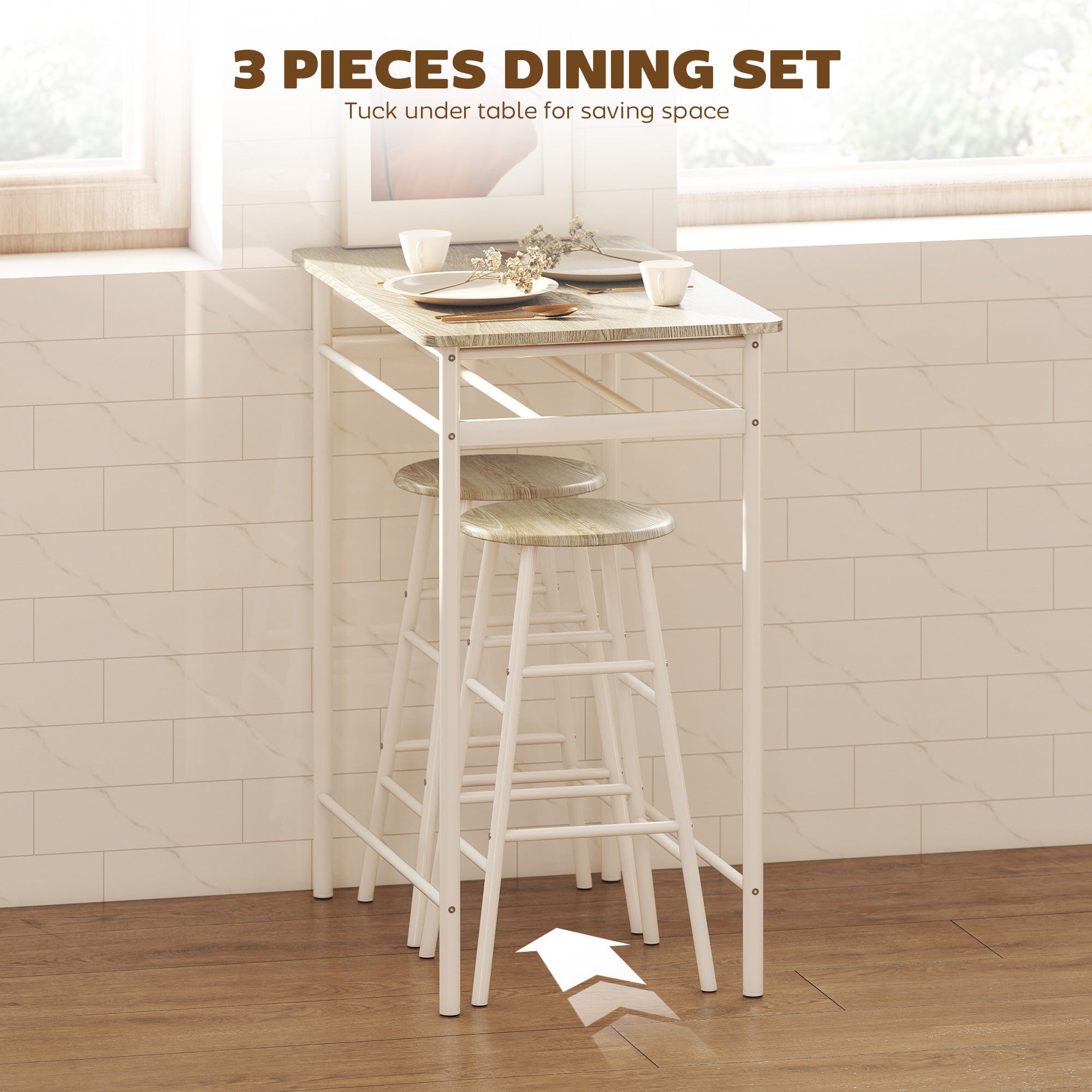 3 Piece Counter Height Bar Table Set with 1 Table, 2 Matching Stools, Dining Table Set with Storage Shelf and Metal Frame Footrest, White and Oak