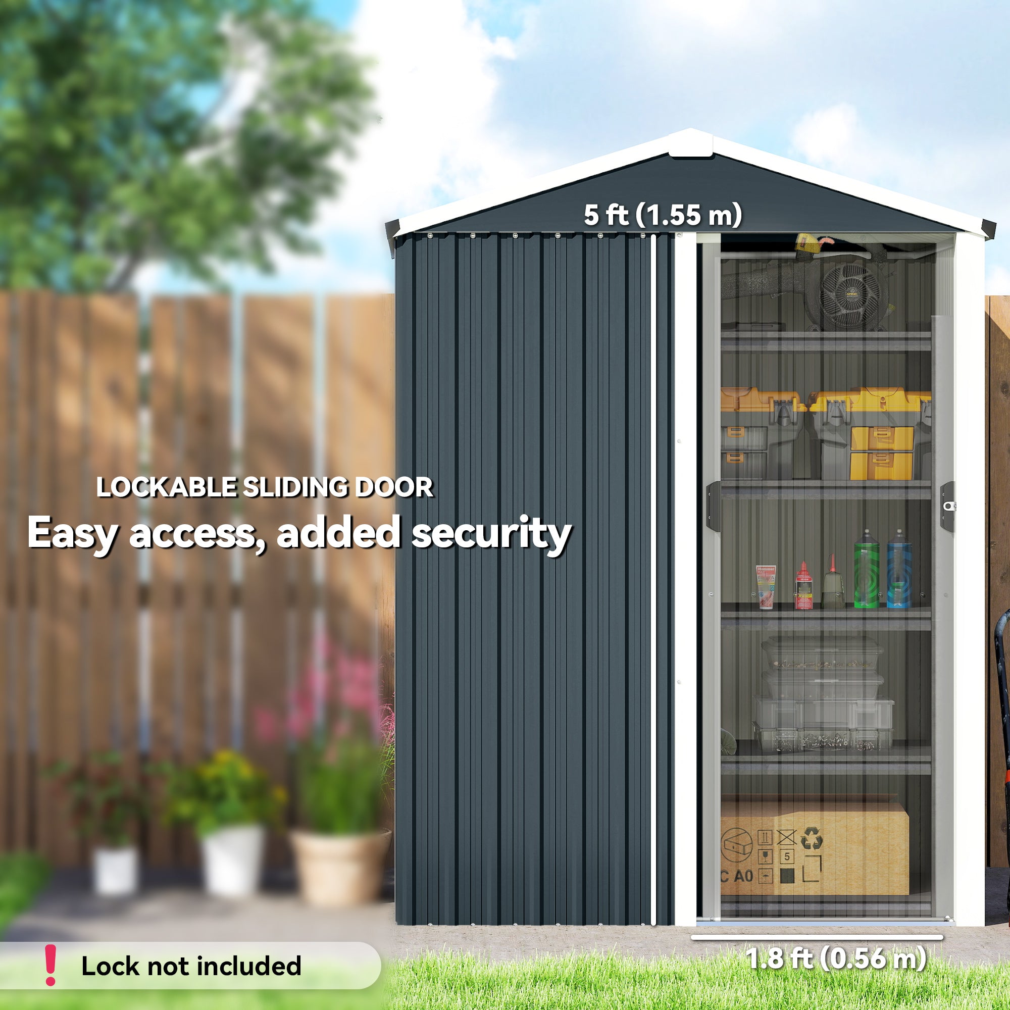 4.5 x 3ft Outdoor Storage Shed, Waterproof Metal Garden Shed with Lockable Door for Backyard, Patio, Lawn, Dark Grey