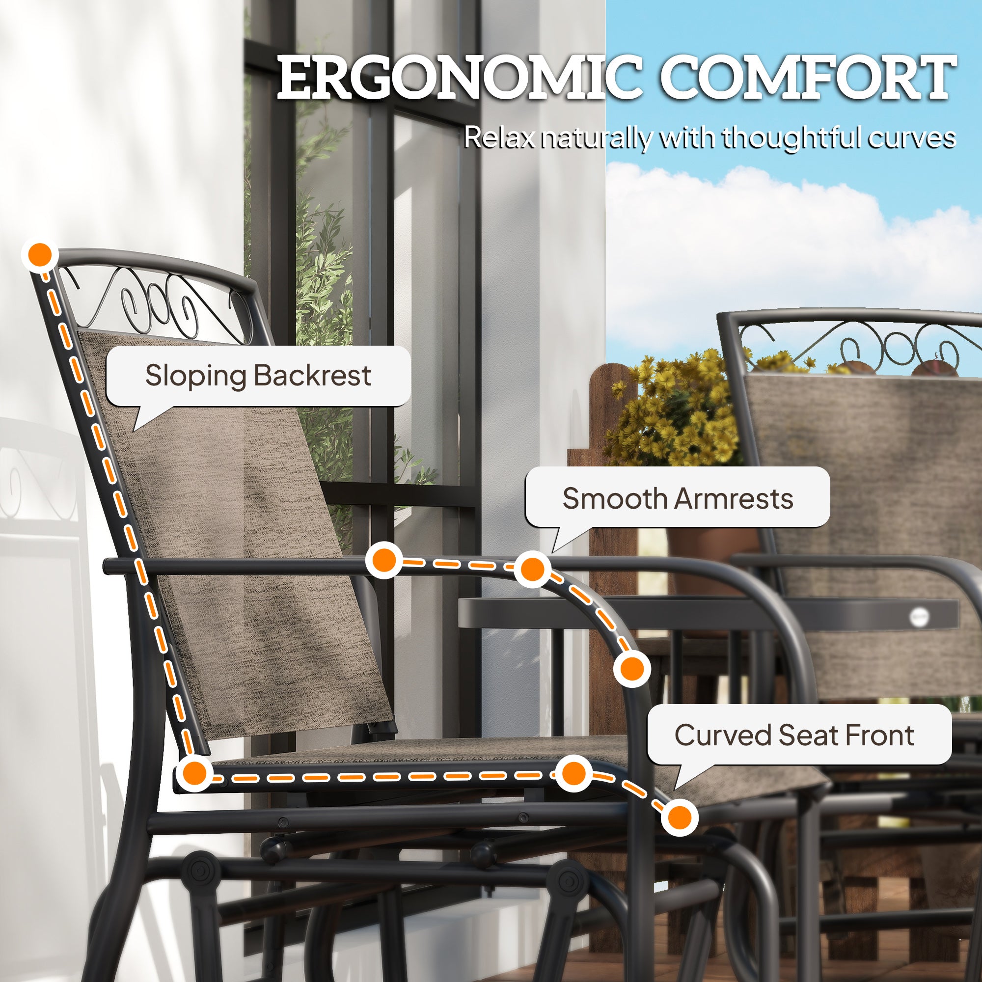 Outdoor Glider Bench with Coffee Table, Patio 2-Seat Rocking Chair Swing Loveseat with Breathable Sling for Backyard Garden Porch, Brown