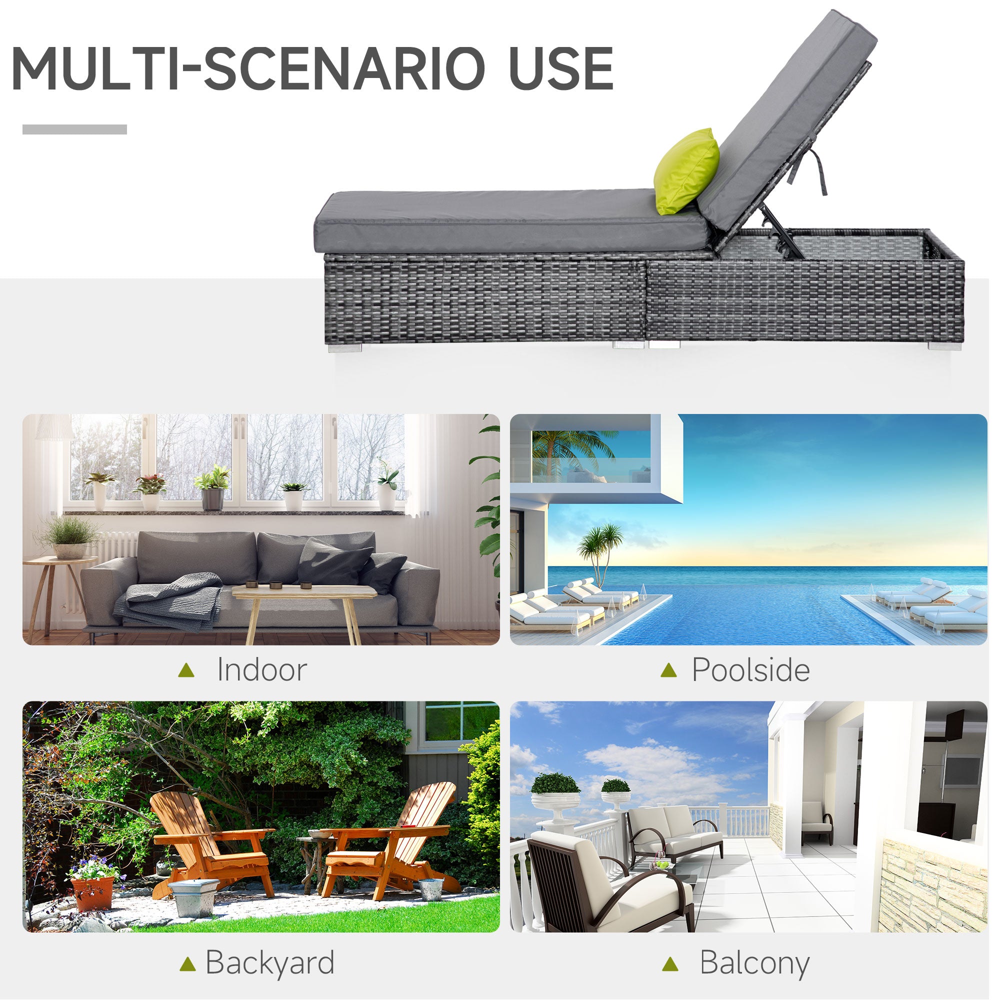 Patio Wicker Lounger, Outdoor PE Rattan Single Chaise Lounge w/Adjustable Recliner Backrest, Cushion, & Pillow, Grey