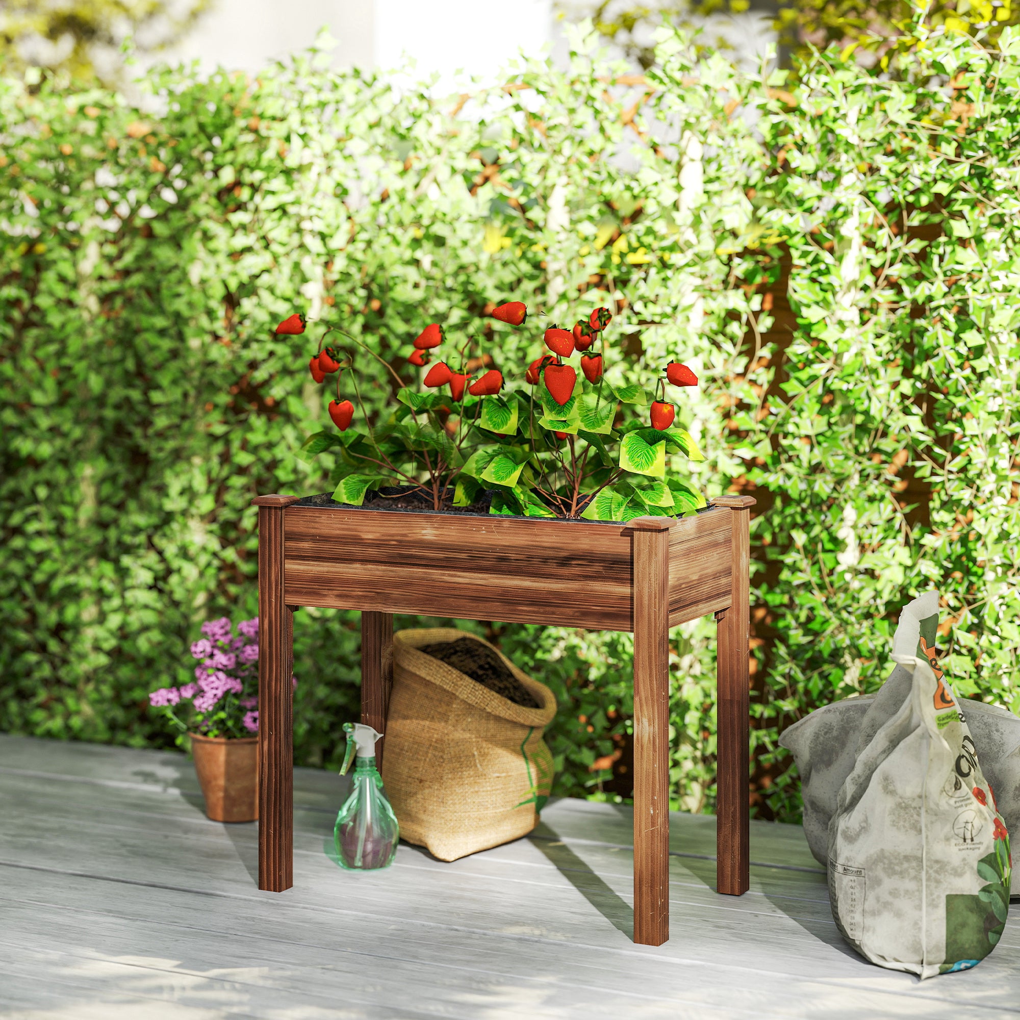 34" x 18" x 30" Wooden Patio Raised Garden Bed Planter, Elevated Planter Box with Legs, Carbonized