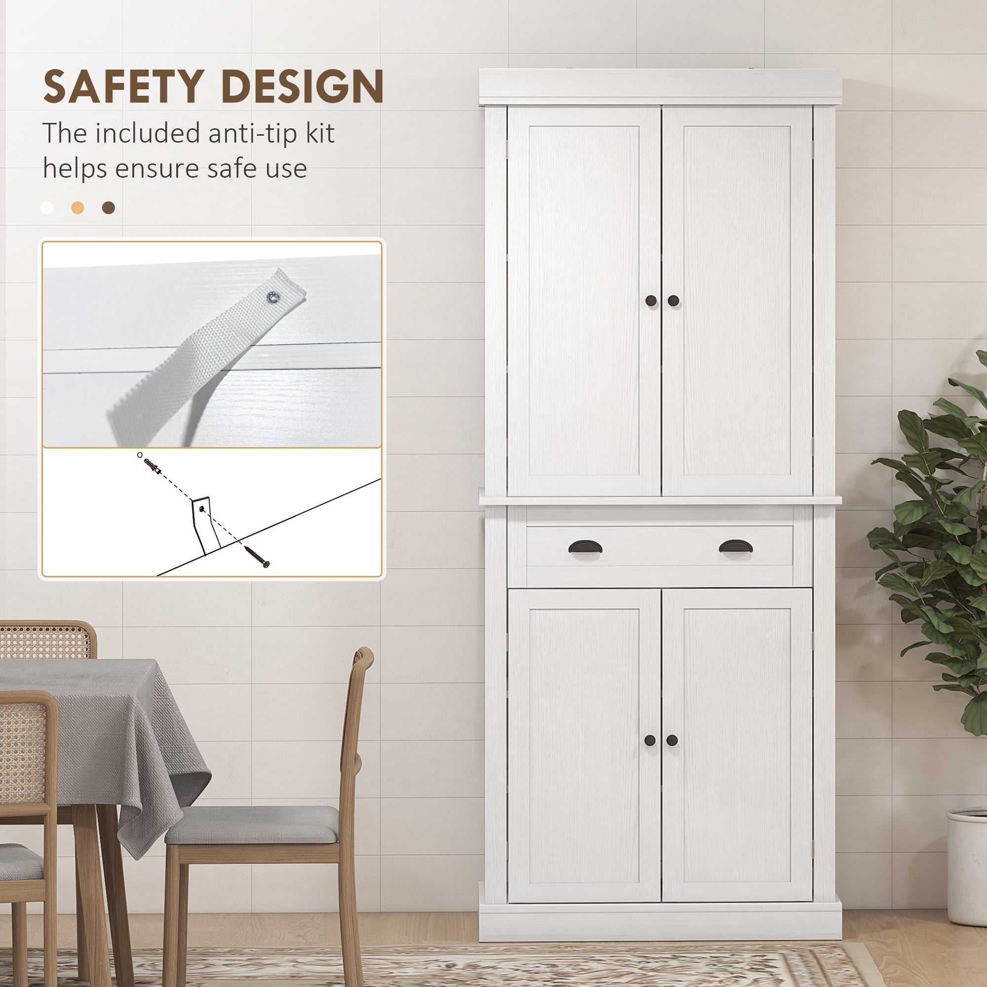 72" Tall Pantry Cabinet, Kitchen Storage Cabinet with 4 Doors, Drawer and 2 Adjustable Shelves, White