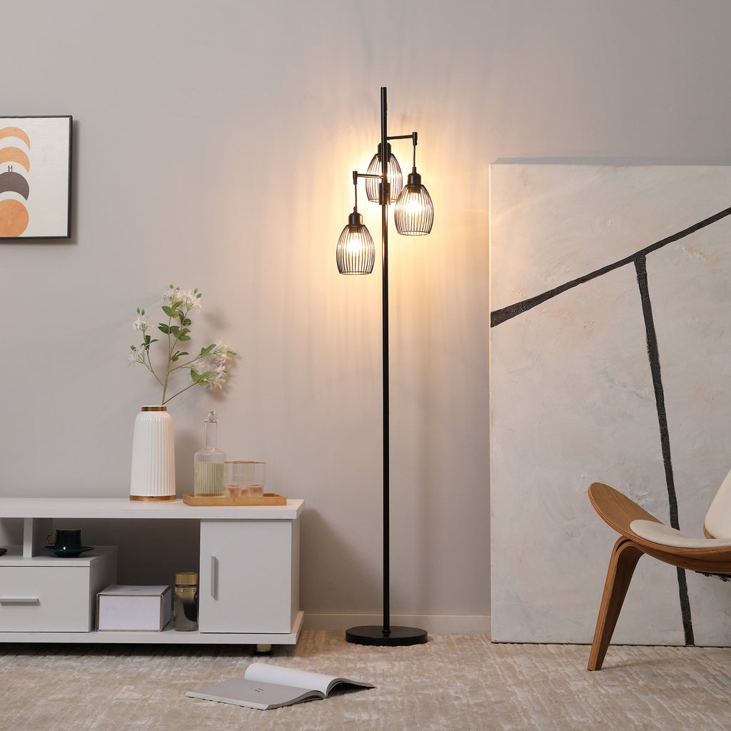 Industrial Floor Lamp with 3 Hanging Wire Lampshades, Dimmable Standing Lamp for Living Room, Bedroom, Dining Room, Study, Black