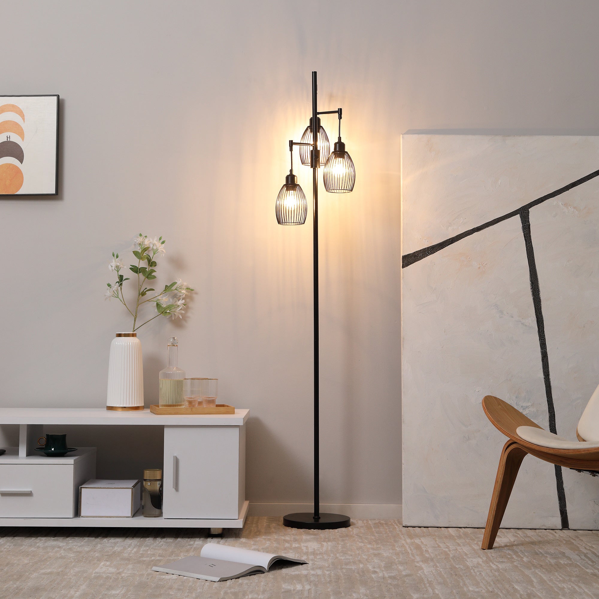 Industrial Floor Lamp with 3 Hanging Wire Lampshades, Dimmable Standing Lamp for Living Room, Bedroom, Dining Room, Study, Black