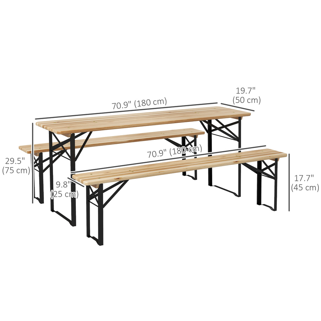 3 Pieces Folding Picnic Table Set, Portable Folding Picnic Table and Benches with Steel Frame for Garden, Park, Natural Wood
