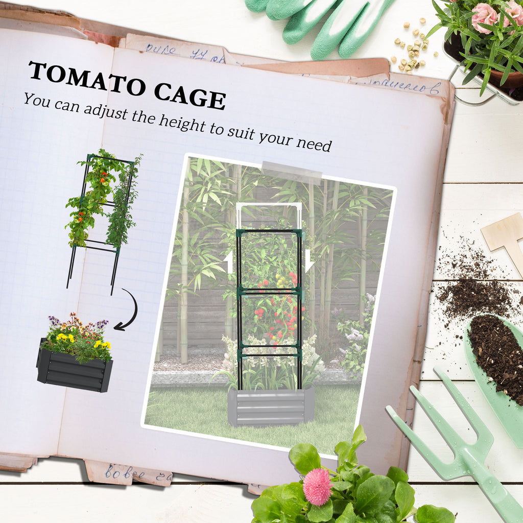 Galvanized Planter Box, Outdoor Raised Garden Bed with 3-Tier Trellis Tomato Cage for Climbing Vines, Vegetables, Grey