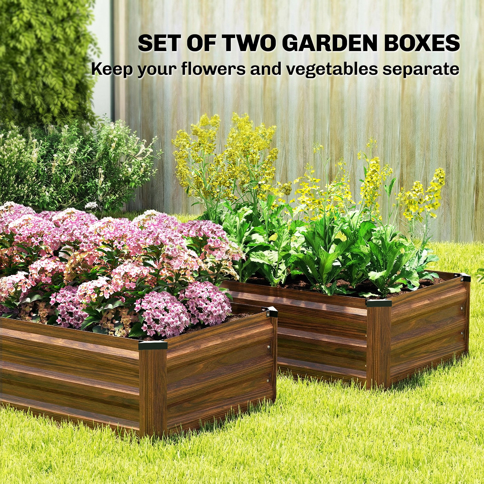Set of 2 Galvanized Raised Beds for Garden, Outdoor Planter Box for Flowers, Herbs and Vegetables, Dark Brown