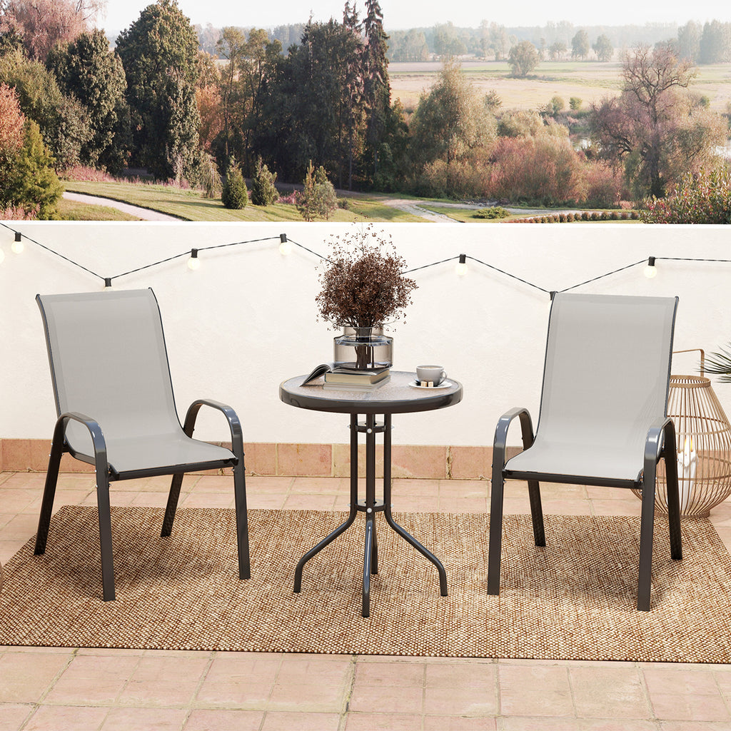 3 Pieces Bistro Set, Small Patio Furniture Set with Stackable Mesh Chairs, Glass Table for Garden, Balcony, Light Grey