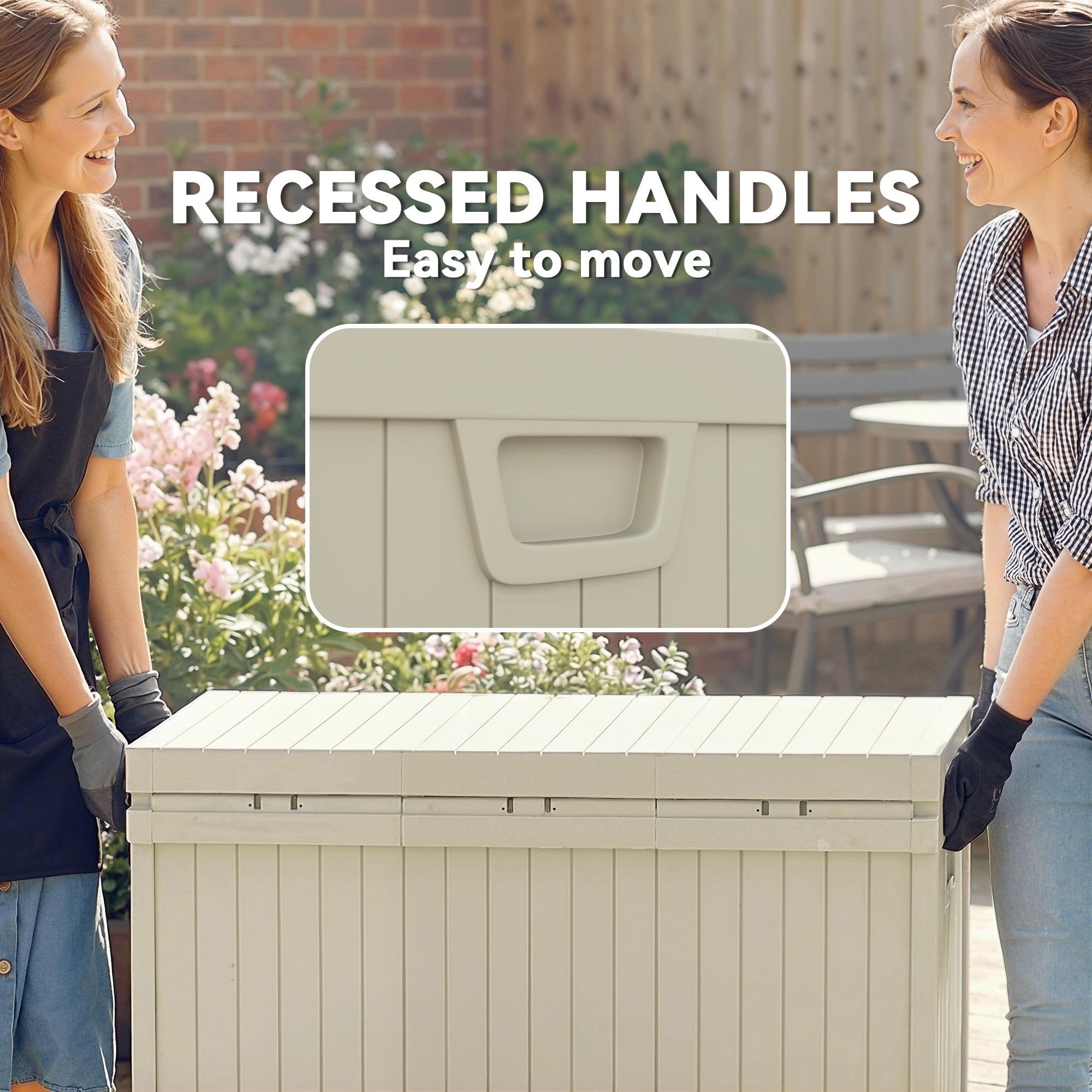70 Gallon Deck Box, Resin Outdoor Storage Box with Handles, Waterproof Storage Container for Garden Tools, Sand