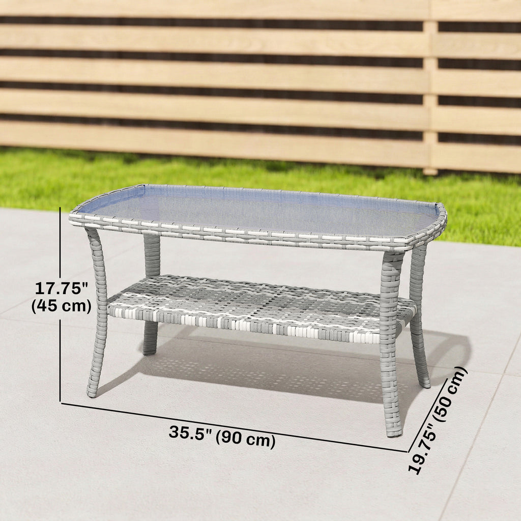 Outdoor Coffee Table with Storage Shelf, PE Wicker Patio Table with Glass Top for Garden, Backyard, Dark Grey