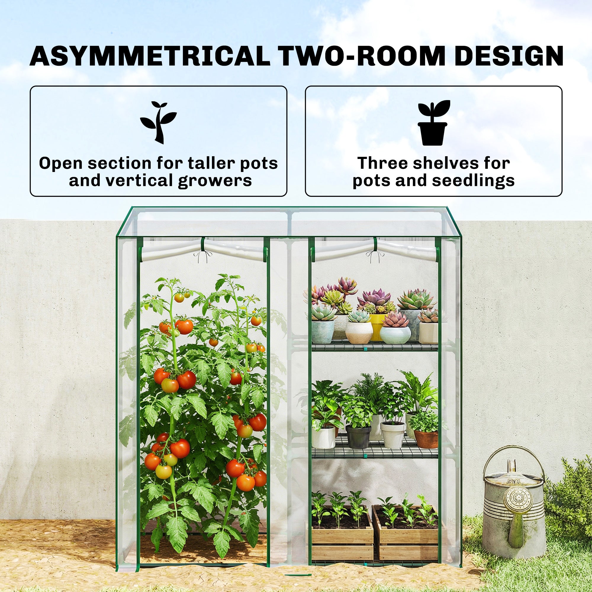 Mini Greenhouse, Portable Greenhouse with 3 Shelves, 2 Roll-up Doors, 56.3" x 17.7" x 59.4", Clear