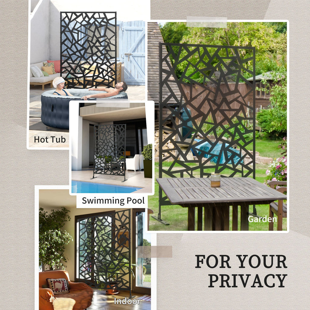 Garden Privacy Screen, Decorative Outdoor Divider, Metal Privacy Screen with Stand, Irregular Fence Style, Black