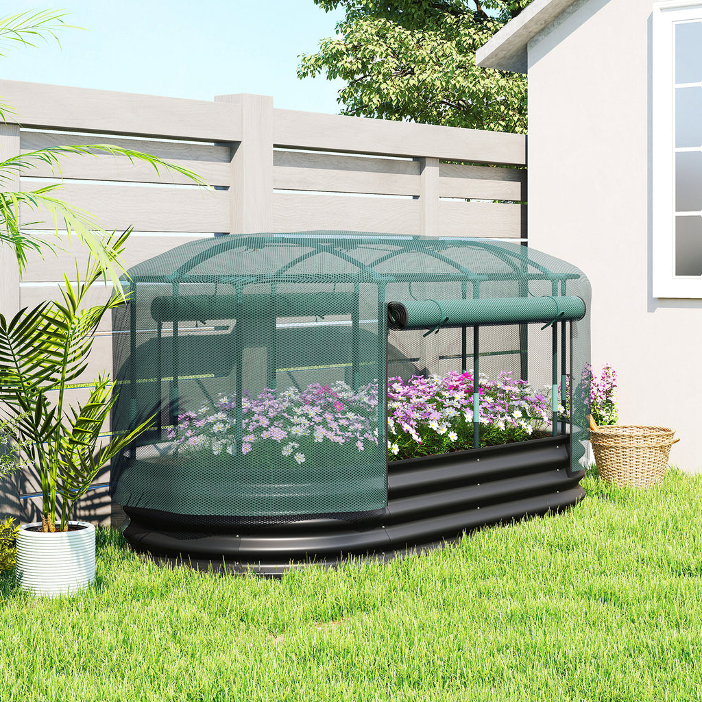 Galvanized Raised Garden Bed with Crop Cage and Watering System, 6' x 3' Outdoor Planter Box, Dark Grey