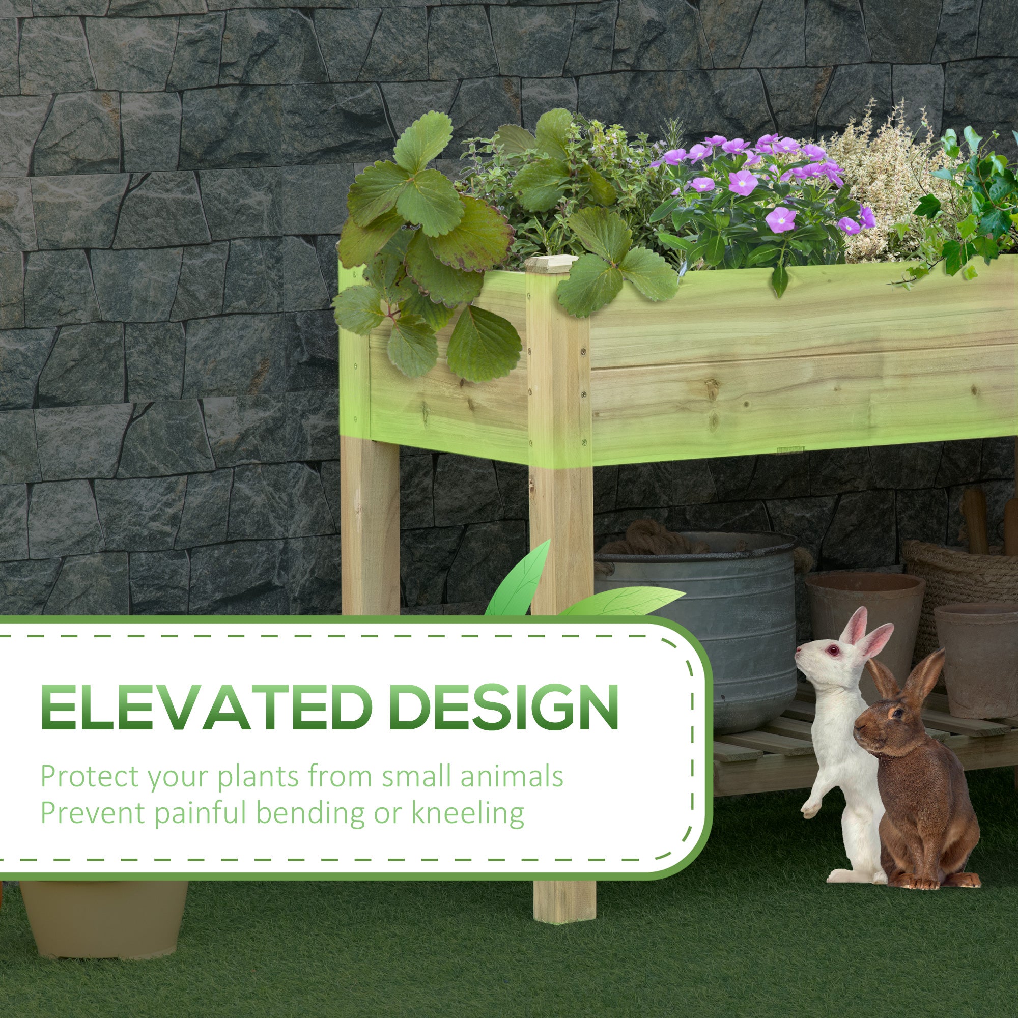 45" x 22" x 33" Raised Garden Bed with Legs and Storage Shelf, Wooden Elevated Planter Box with Drainage Holes for Backyard Patio Balcony, Light Green