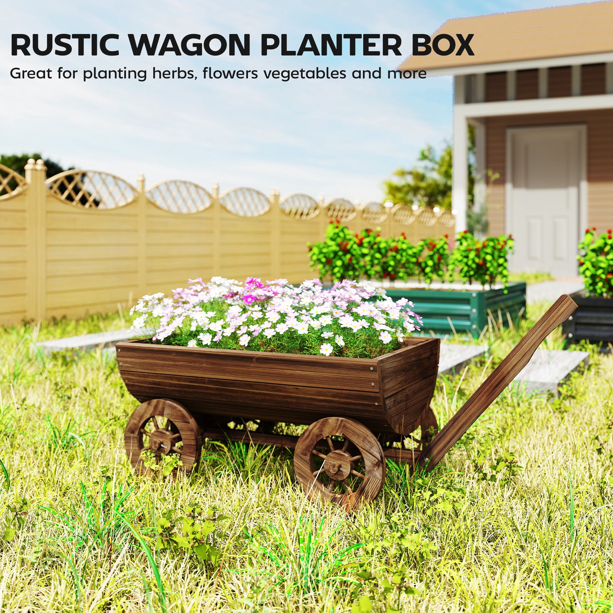 Wooden Wagon Planter Box, Mobile Garden Planter with 4 Wheels, Small Wheelbarrow Wagon Flower Cart with Drainage Holes